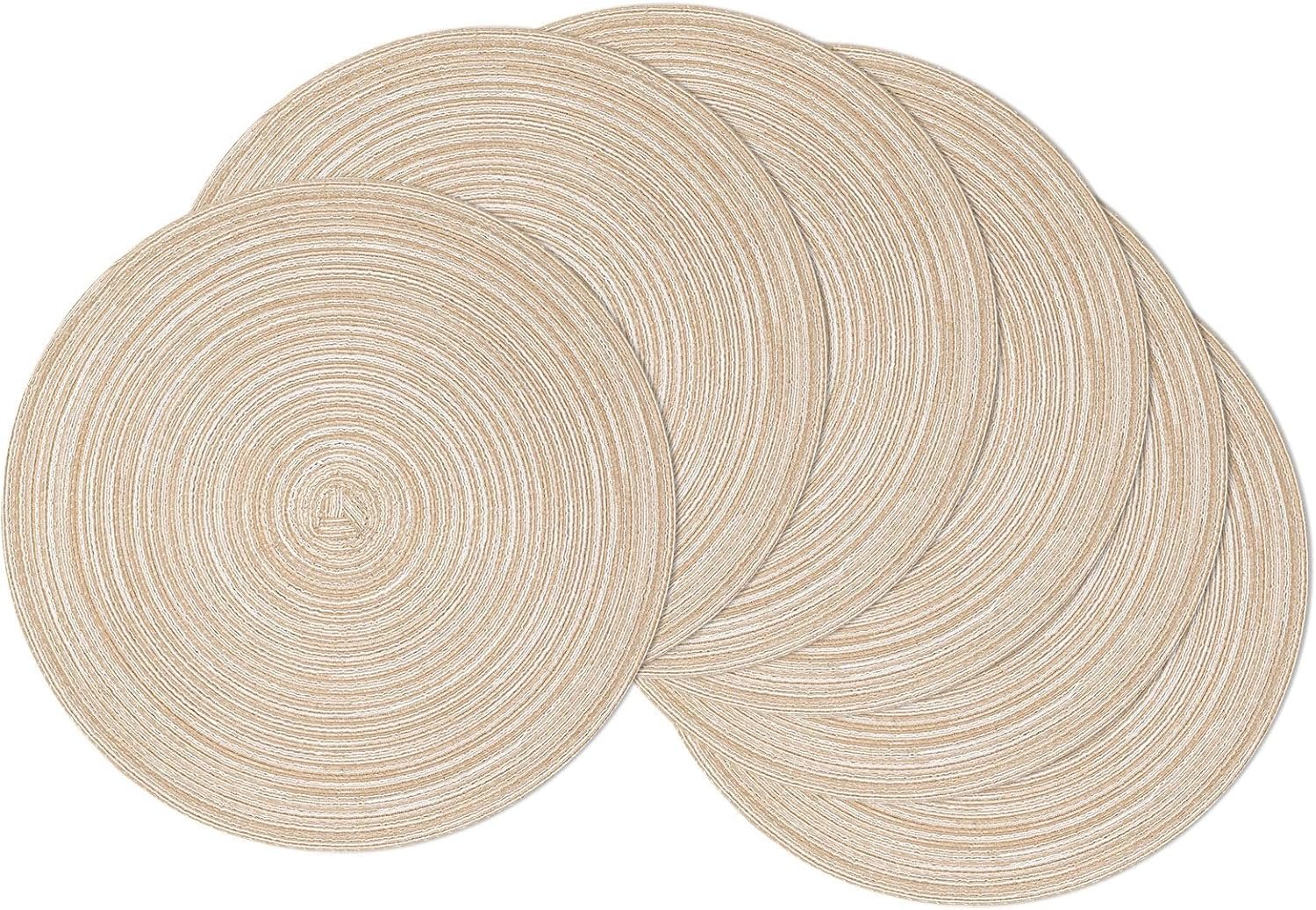 SHACOS 15 inch Round Placemats Set of 6, Cotton Polyester Woven Braided Place Mats, Washable Heat Resistant Non Slip Table Mats for Kitchen Dining Table (Beige, 6)