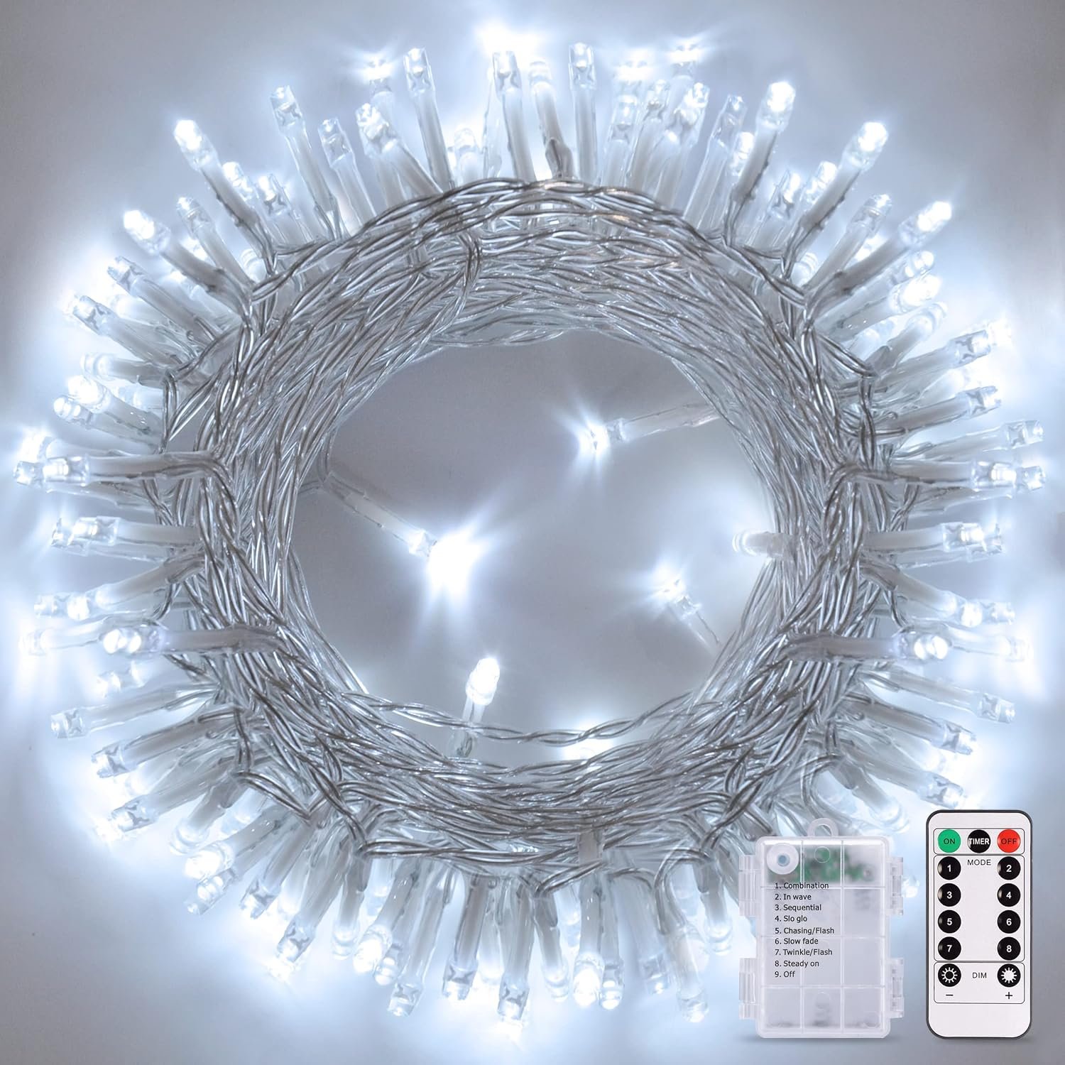 JMEXSUSS White String Lights Battery Operated with Remote, 33ft 100 LED Battery Christmas Lights, 8 Modes Outdoor Indoor Fairy String Lights for Bedroom Wedding Tree Yard Porch Xmas