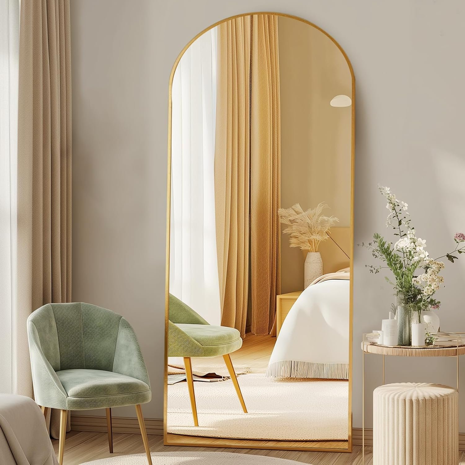 DUMOS 64″x21″ Arched Full Length Floor Mirror, Full Body Mirror with Stand, Shatterproof Tempered Glass, Modern Aluminum Alloy Frame, Free Standing or Leaning for Home Decor, Gold