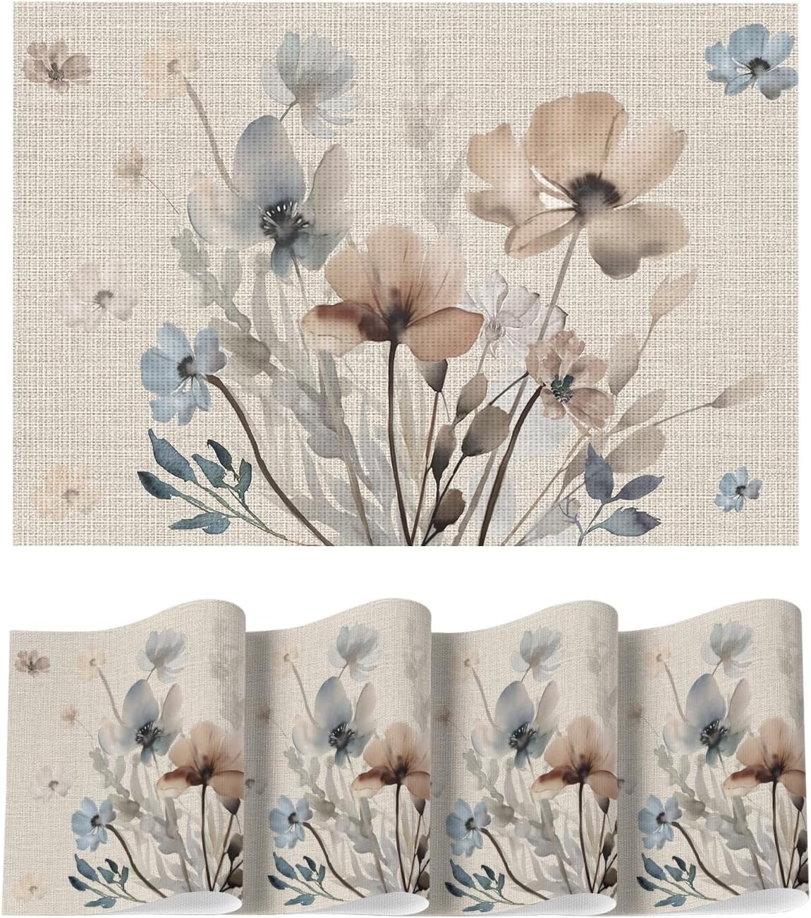 Artoid Mode Brown Poppy Floral Vinyl Plastic Placemats Set of 4, Washable Non-Slip PVC Table Mats for Party Kitchen Dining Decor, 12×18 Inch