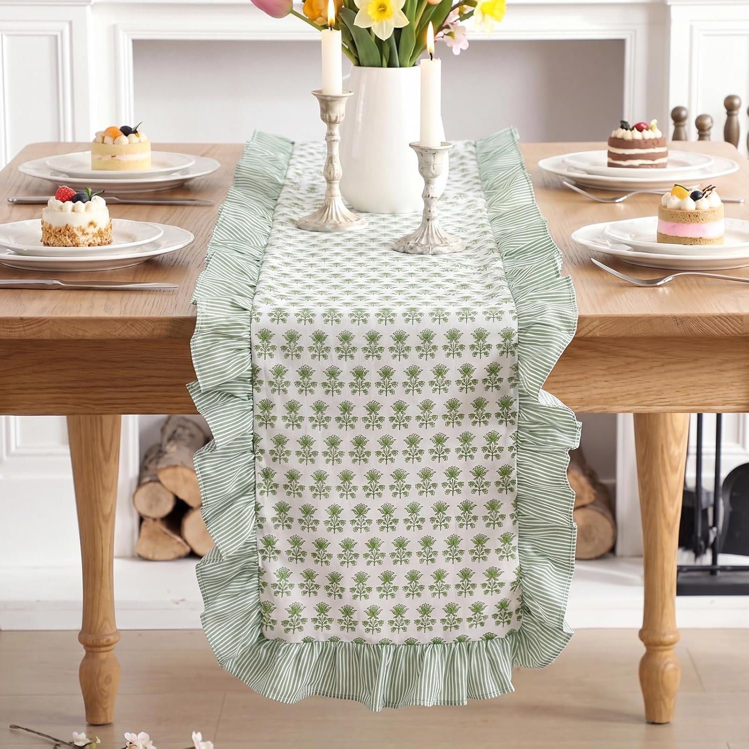 Tegeme 14 x 72 Inch Sage Green Floral Ruffled Table Runner Decorative Farmhouse Table Runner Vintage Cabinet Cover for Home Kitchen Dinner Party Decorations