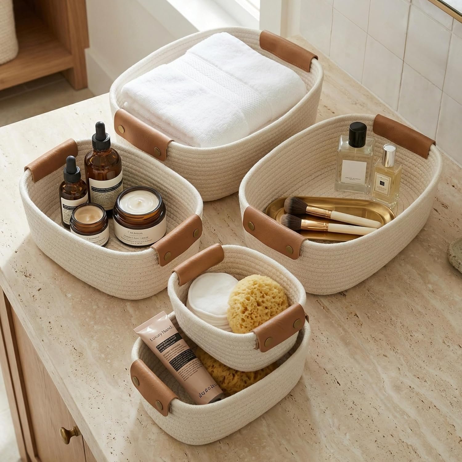 Beautiful Storage Basket Set of 5 – Sturdy Cotton Rope Baskets for Shelves Are Perfect for Organizing Your Home – Quality Storage Bins Easily Fit With Any Nursery or Bedroom Decor