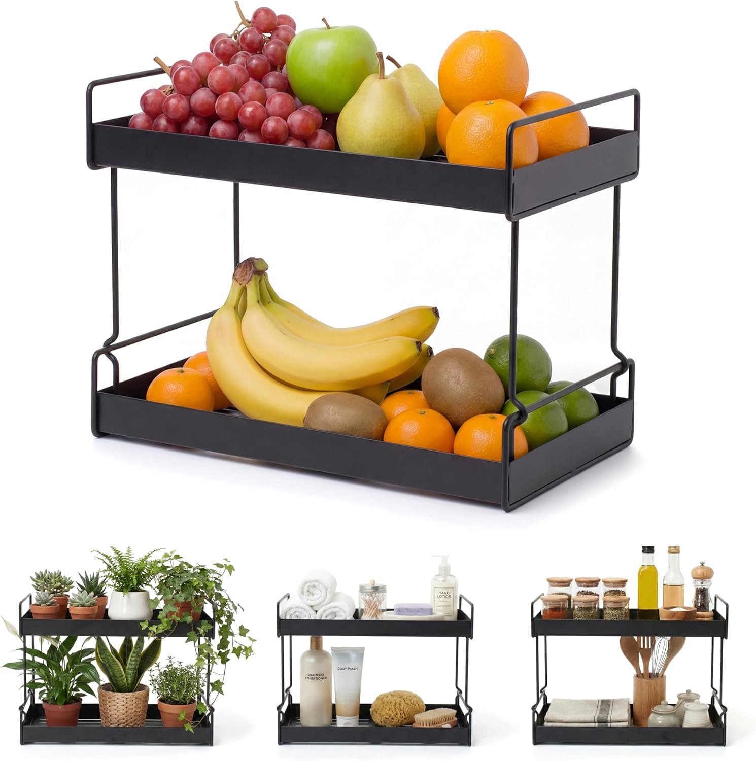 Libken 2-Tier Fruit Basket for Kitchen Counter – Black Powder Coated Metal Fruit Stand – Minimal Scandinavian Design Countertop Organizer for Fruits, Vegetables, Bread, Snacks – Sturdy & Easy Assembly