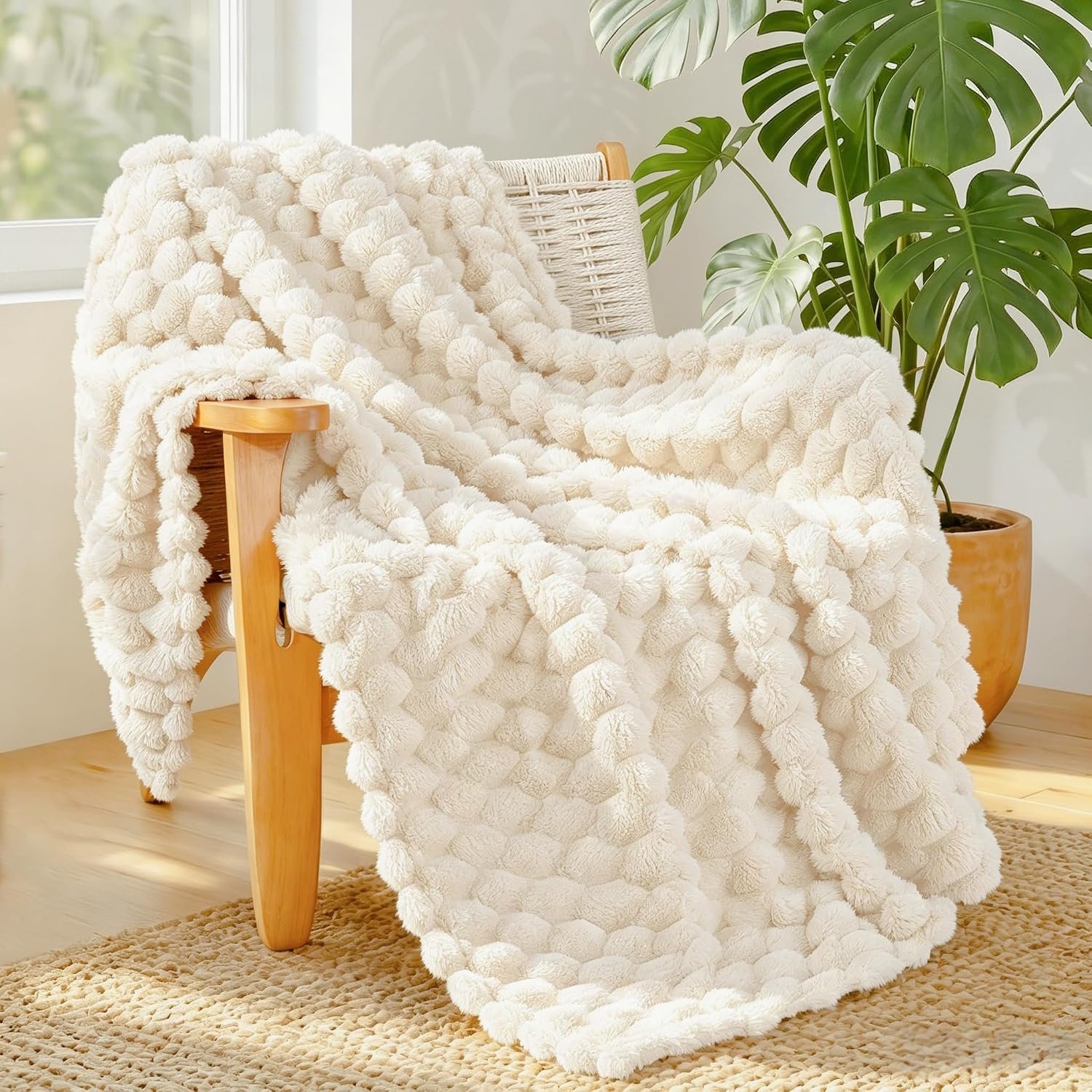 Whale Flotilla Fleece Throw Blanket for Couch or Bed, Luxury Super Soft Lightweight Summer Blanket, 3D Jacquard Cozy Fluffy Plush Decorative Sofa Chair Blanket for Mom Dad, 50×60 Inch, Ivory