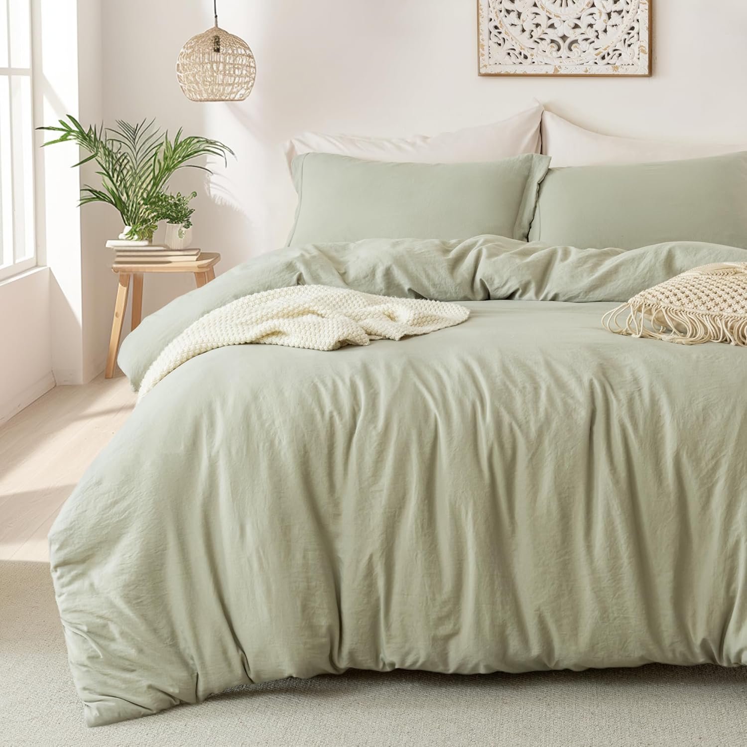 MILDLY Super Soft Duvet Cover – 100% Washed Microfiber October Mist Sage Comforter Cover Set 3 Pieces with Zipper Closure & Corner Ties (No Comforter)