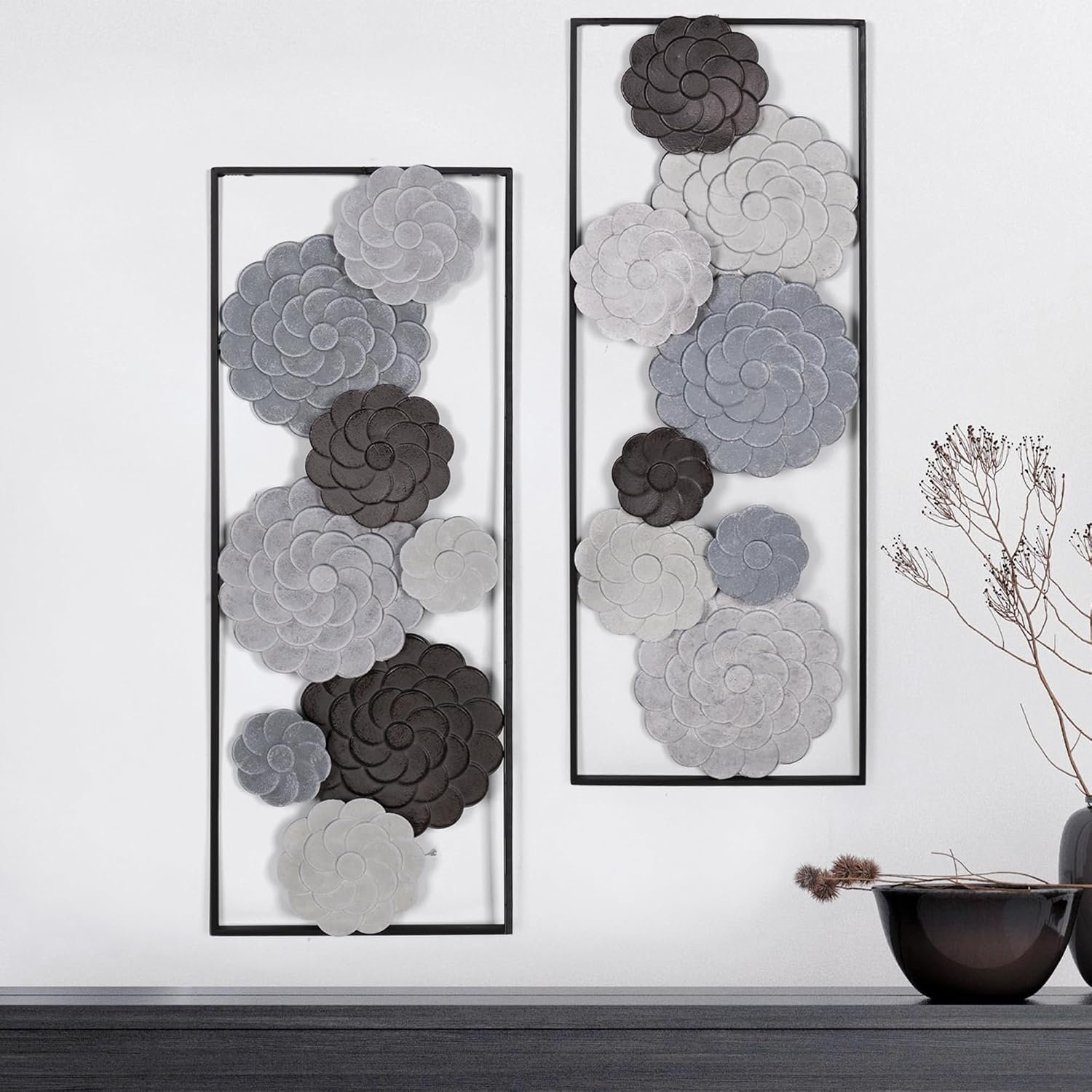 Oakrain 2 PCS Metal Wall Art – 35.4″ X 13.4″ Large Metal Flower Wall Decor with Frame, Modern Home Wall Decoration Sculpture for Living Room, Office, Bedroom, Study
