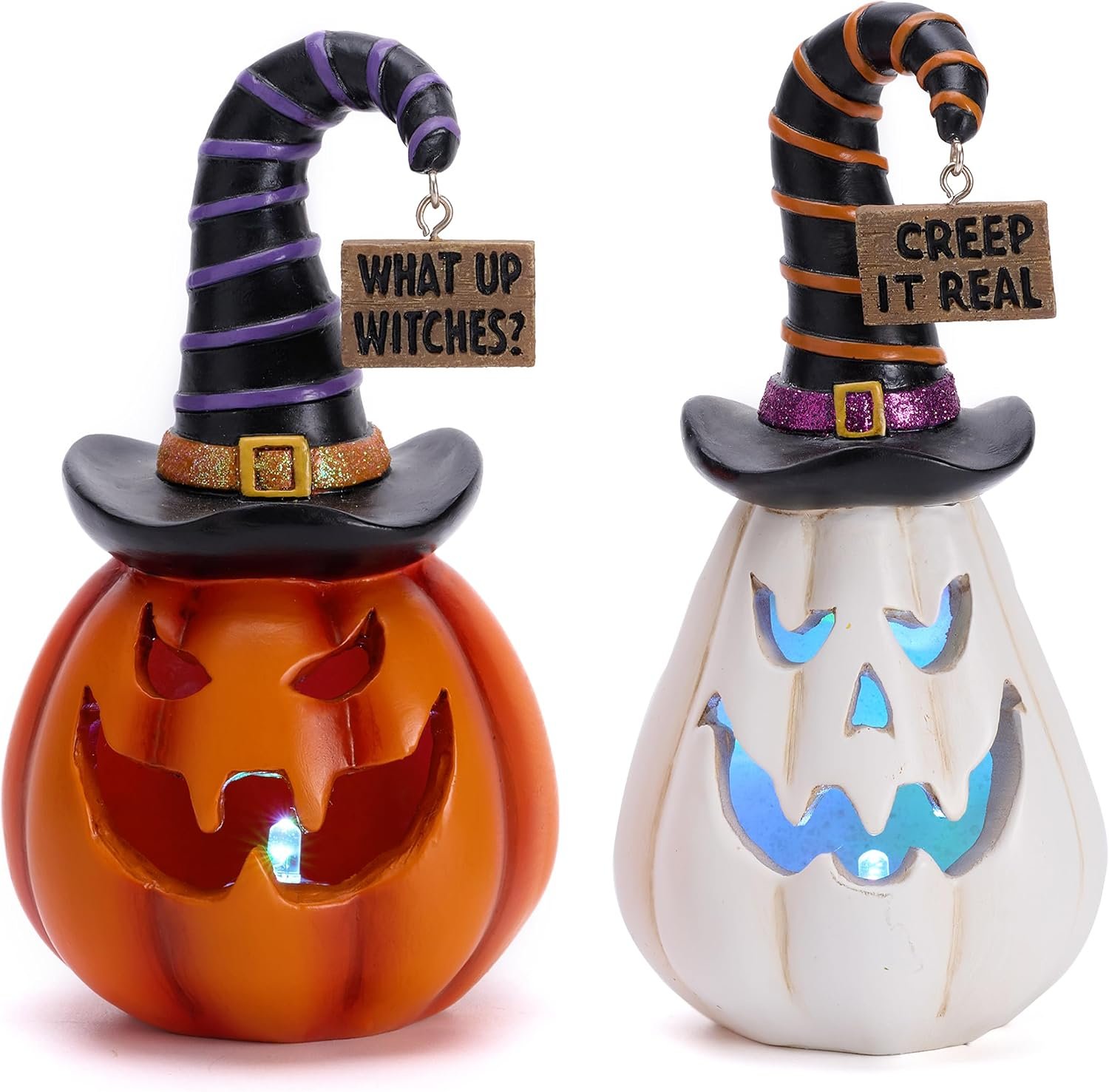 Valery Madelyn Pumpkin Halloween Decorations Indoor for Home, 2Pcs Resin Halloween Figurines with Light, White and Orange Jack o Lantern Decor with Witch Hat for Table Tiered Tray, 5.7″ Tall