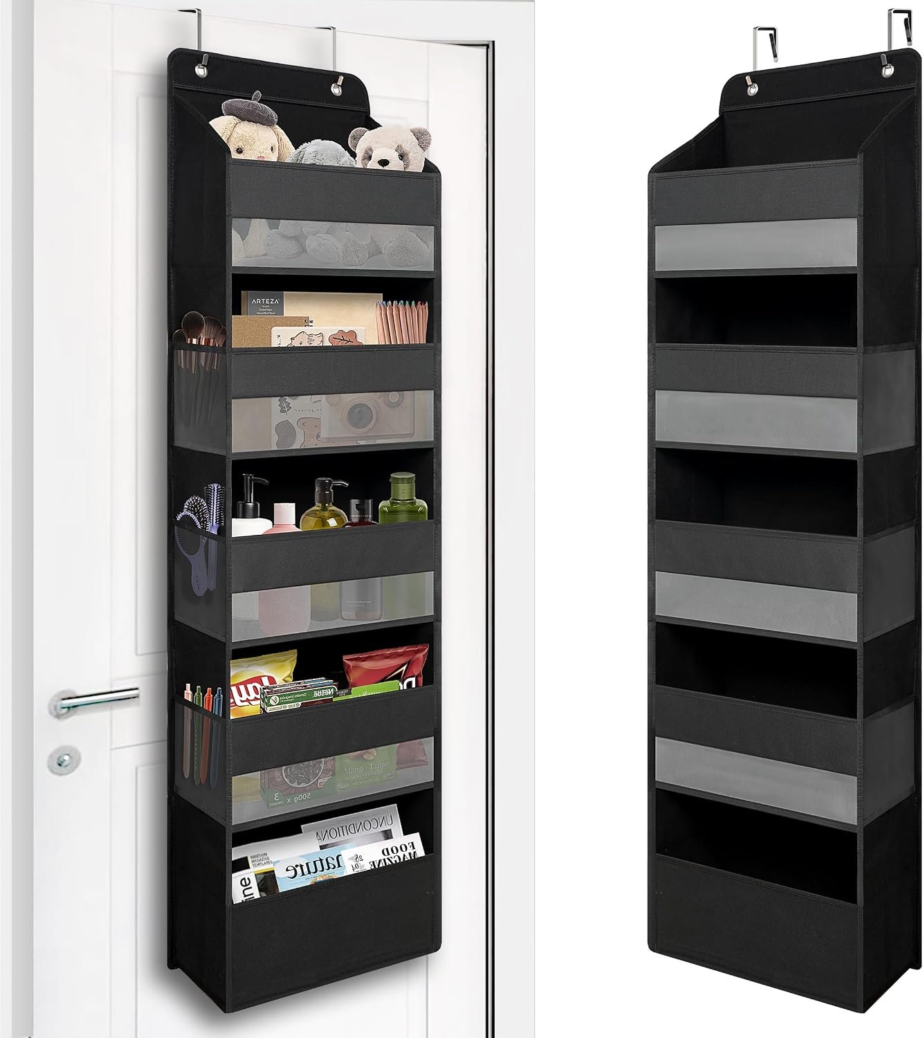 TYMENSH Black Over Door Organizer with 5 Large Clear Pockets and 6 Side Mesh Pockets, Anti-Tilt Hanging Door Storage for Closet, Bathroom, Nursery, Bedroom, Dorm, Toys, Cosmetics
