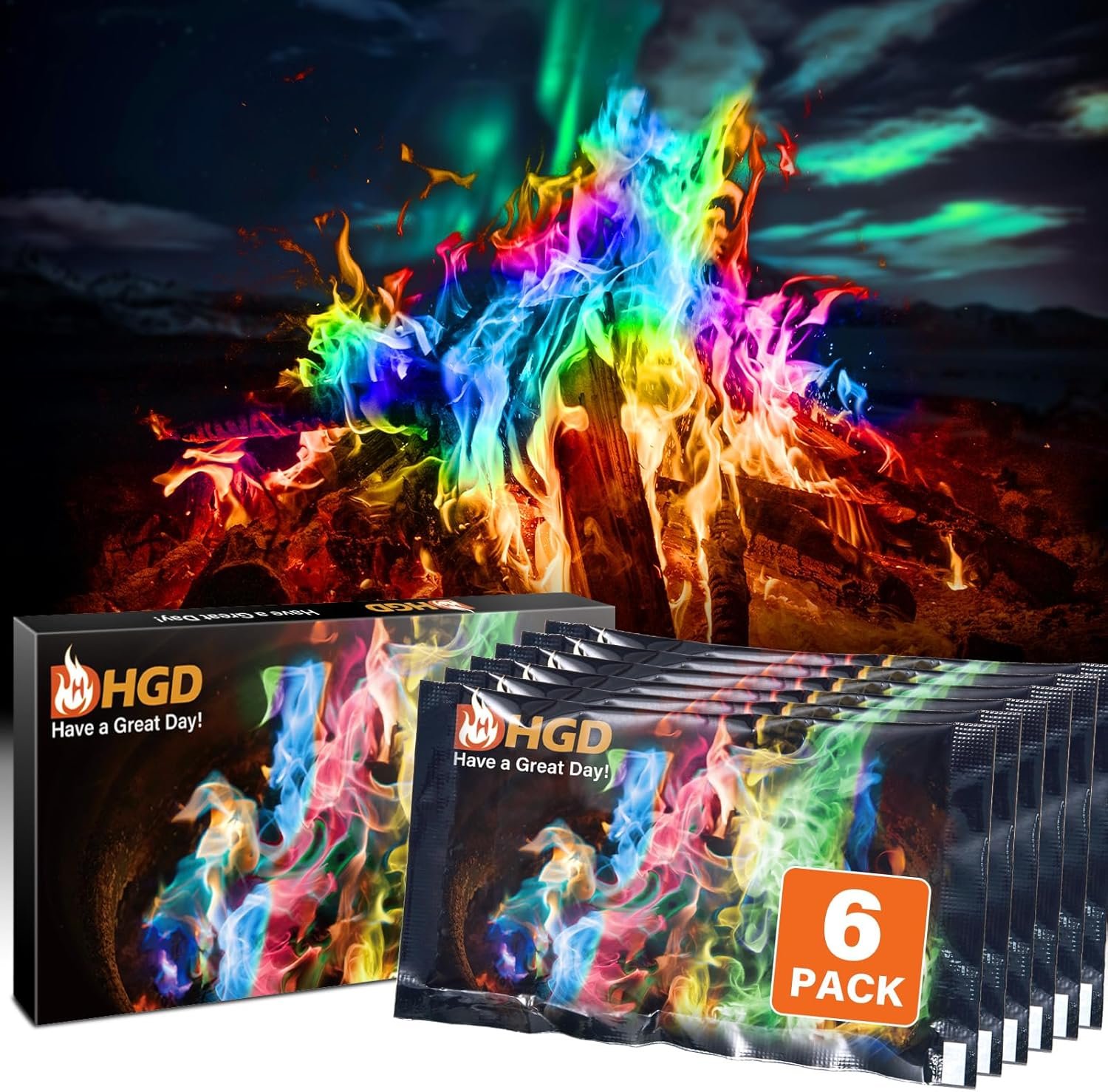 HGD (6 Pack) Magic Campfire Fire Color Changing Packets for Fire Pit, Indoor/Outdoor Fireplace, Bonfire – Rainbow Magical Flame, Camping Accessory, Compatible with Wood