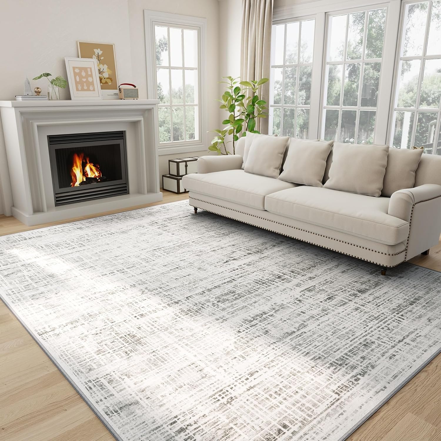 8×10 Area Rugs Washable Rug: Anti-Skid Abstract Modern Living Room Rug Soft Thin Carpets Indoor Floor Non-Shedding Carpet for Bedroom Dining Farmhouse Nursery Home Office (White Gray, 8’x10′)