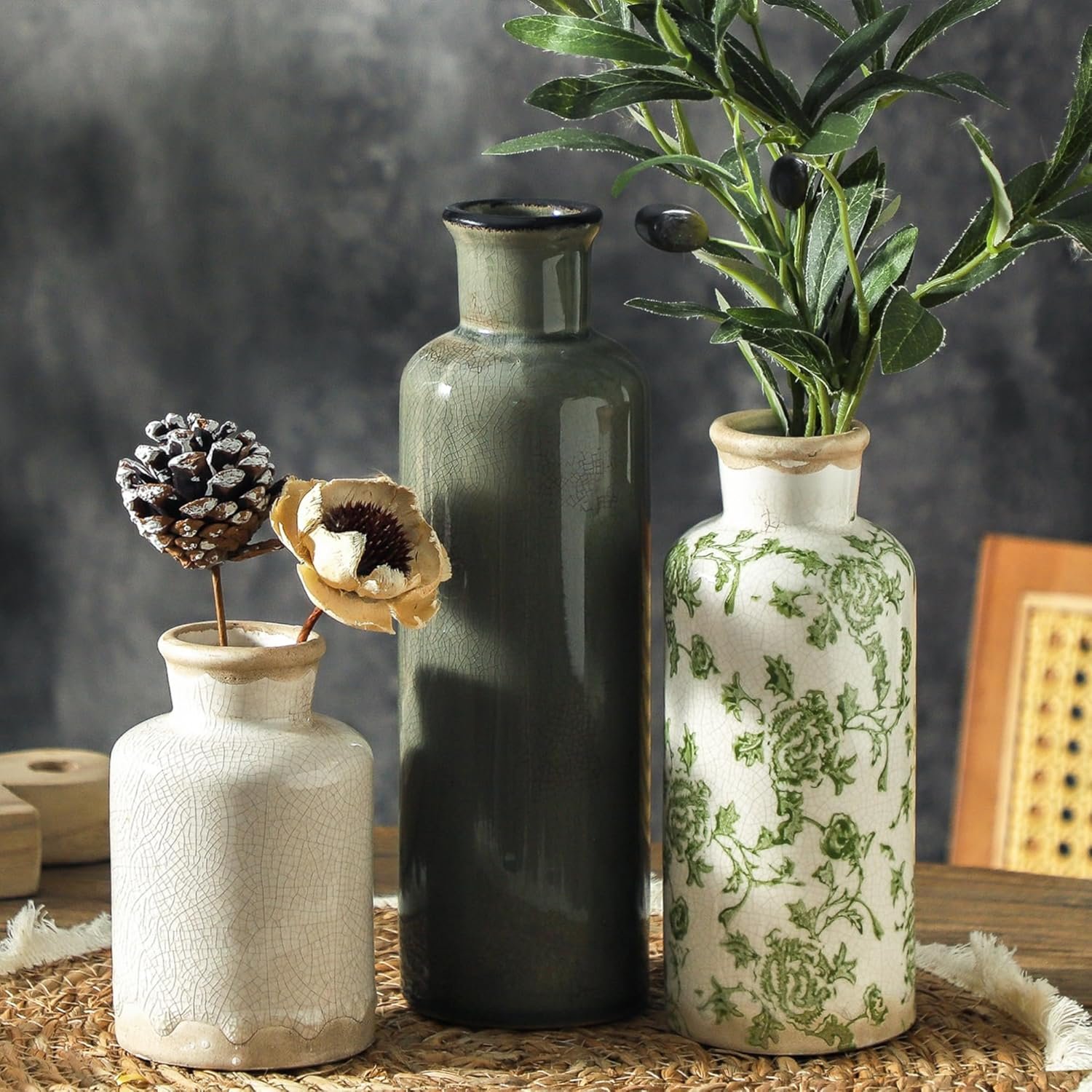 Vintage Vase Set of 3, Ceramic Vintage Flower Vases, Chinoiserie Decorative Home Decor Retro Floral Vase Rustic Farmhouse Decor for Table Bookshelf Mantel Kitchen Living Room Office – Green and Beige