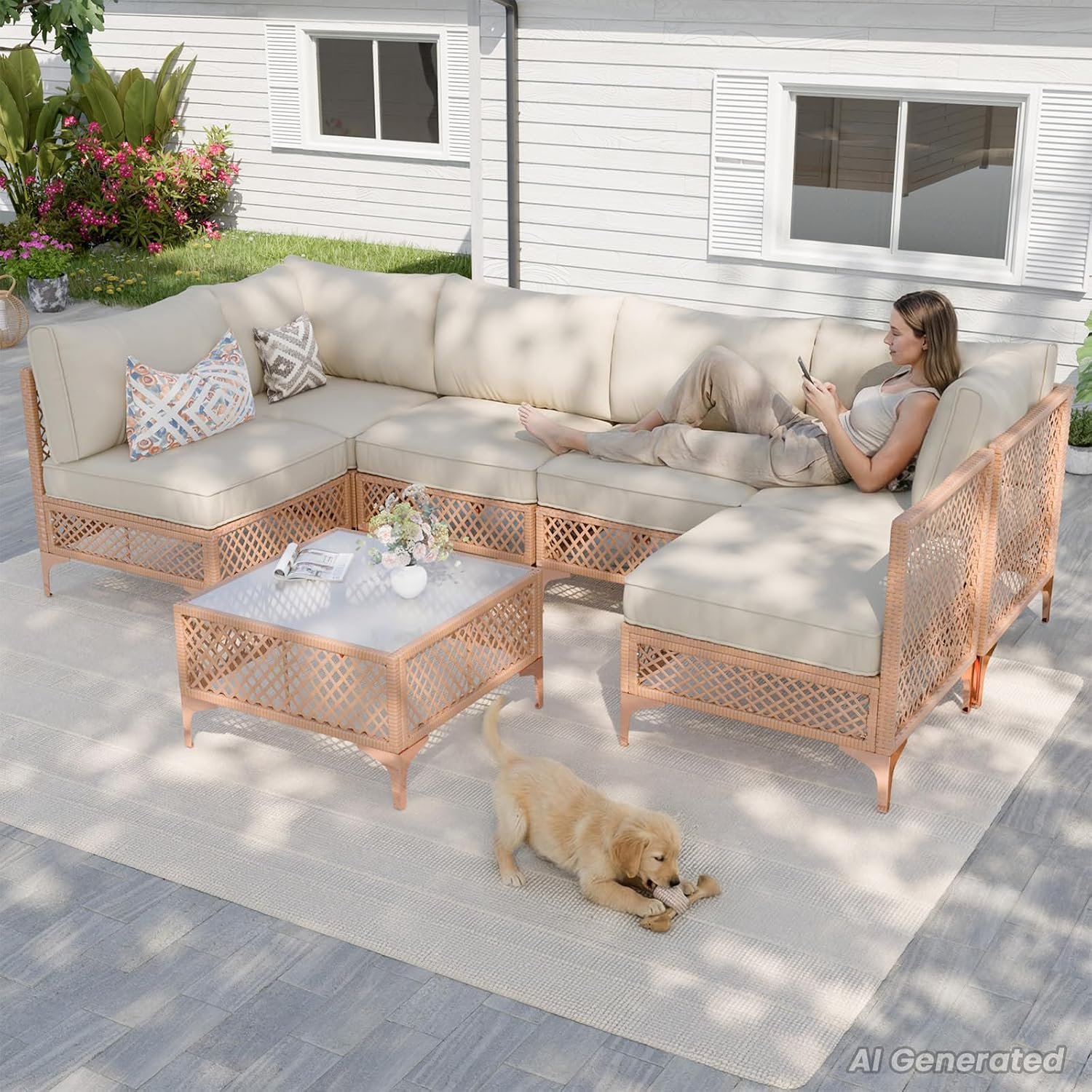 Vikiullf Patio Conversation Sets, 7 Piece Outdoor Furniture Set with Thick Cushions, Wicker Sectional Sofa Set with Coffee Table for Backyard, Poolside, Garden (Beige)