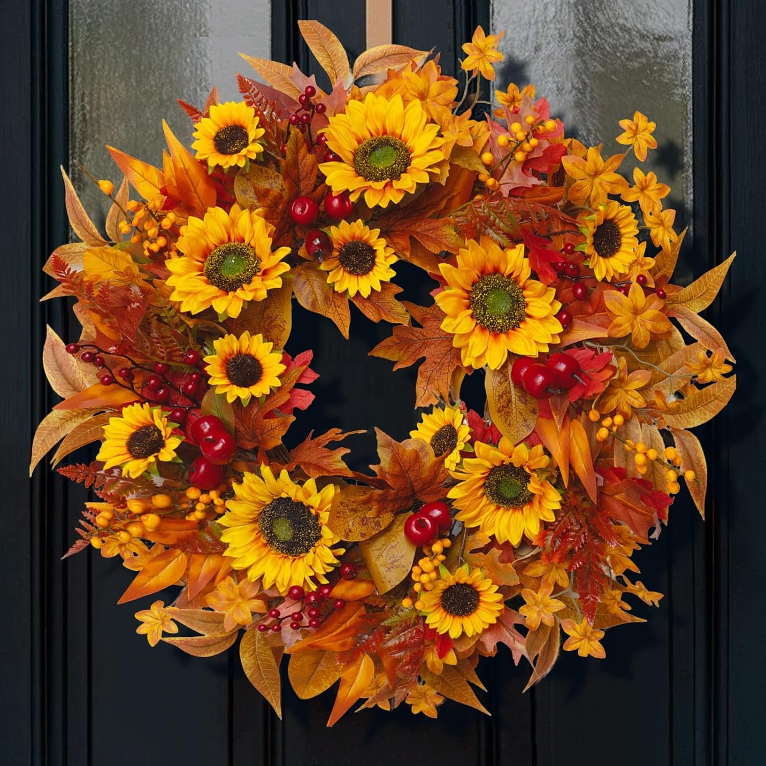 24 Inch Harvest Fall Wreaths for Front Door with Sunflower and Red Berries | Artificial Silk Autumn Leaf Wreaths – Indoor Outdoor Weatherproof Thanksgiving Halloween Farmhouse Front Door Decor