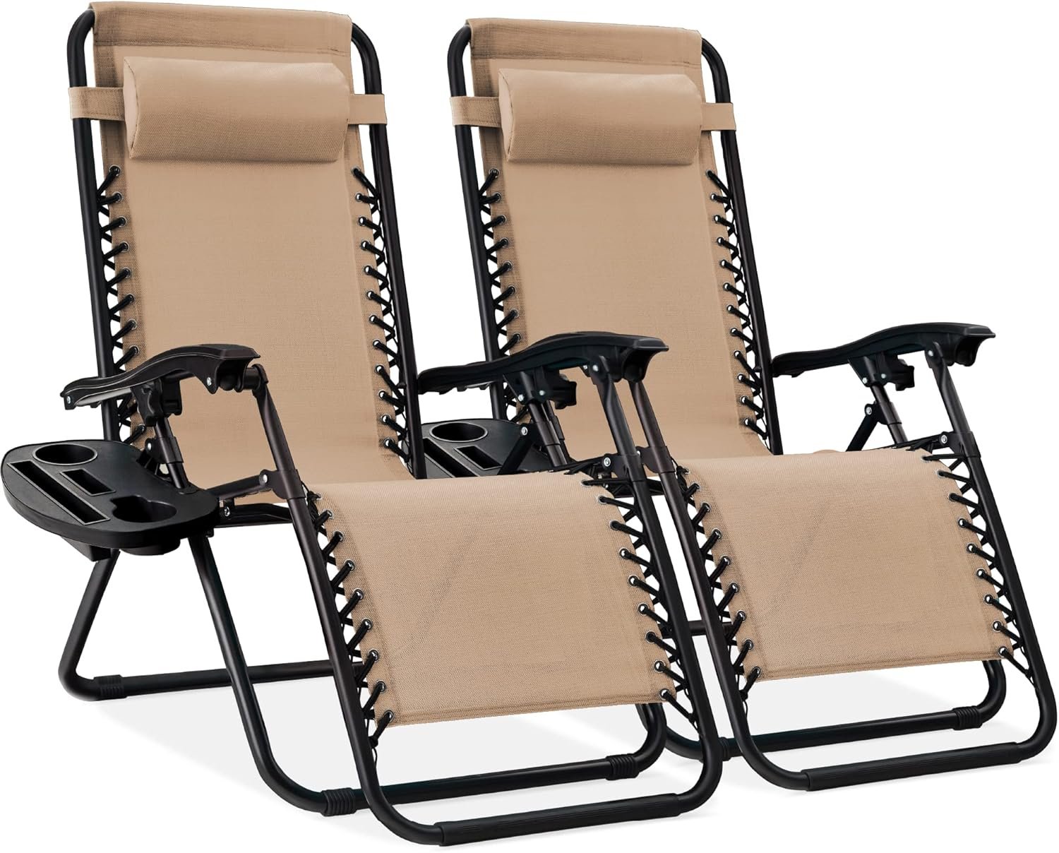 Best Choice Products Set of 2 Adjustable Steel Mesh Zero Gravity Lounge Chair Recliners w/Pillows and Cup Holder Trays – Sand