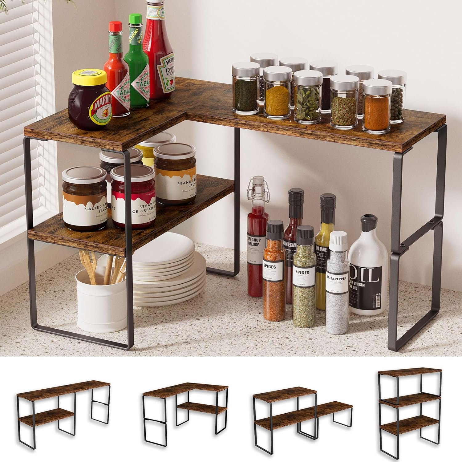 Golener Countertop Organizer Corner Shelf, 2-Tier Adjustable Stackable Corner Shelves for Kitchen, Spice Rack, Coffee Area, Over Sink, Bathroom, Dresser Table, Corner Counter Shelf Stand, Rustic Brown