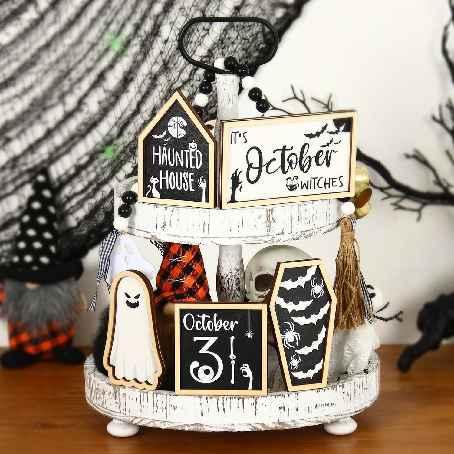 Halloween Decorations Indoor – 6 Pcs October 31 Sign Tiered Tray Decor, Haunted House, Bat, Ghost, Witches Beads – Indoor Centerpiece for Table Shelf