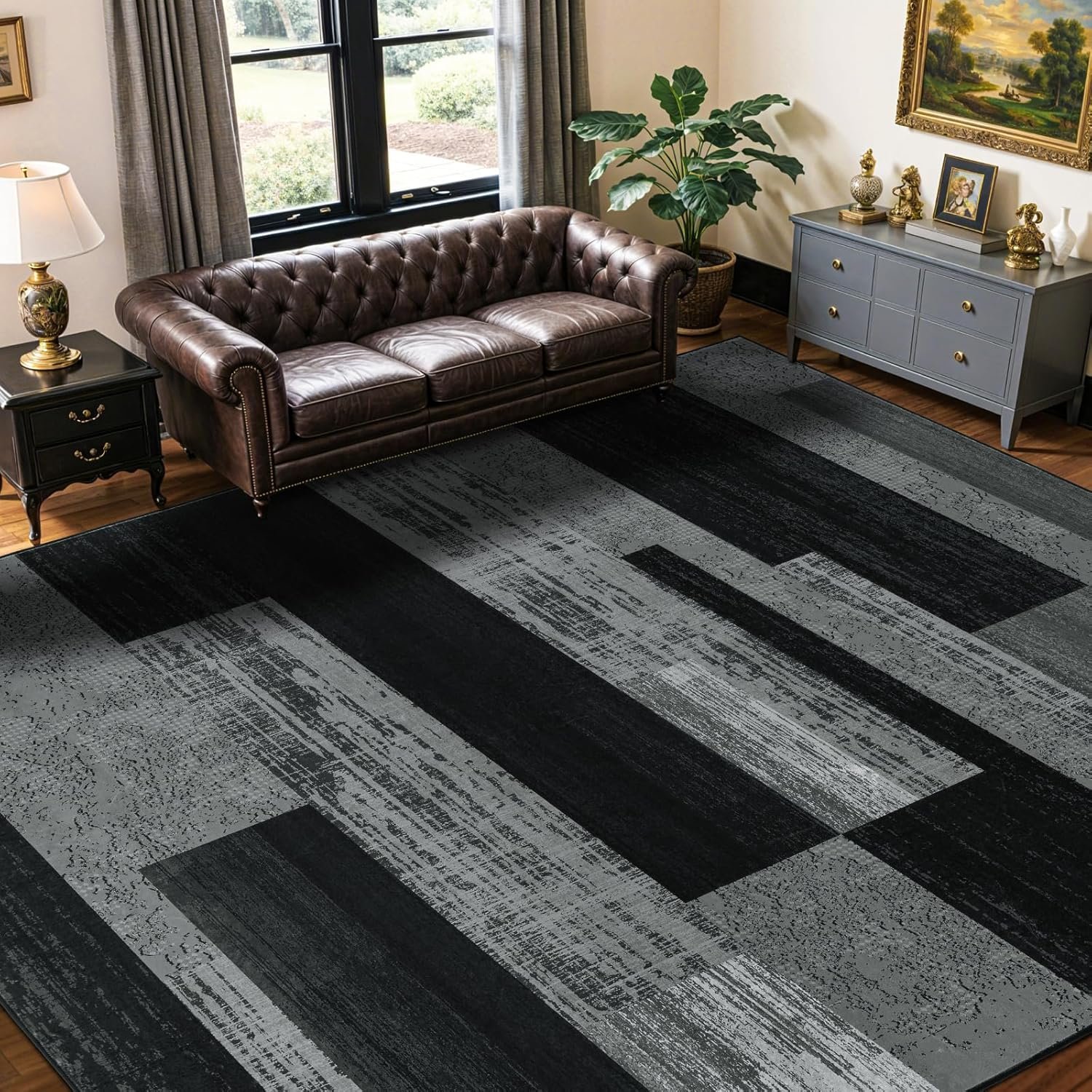 LIANLAM 8×10 Washable Area Rugs for Living Room and Bedroom, Vintage Checkered Pattern Non-Slip Carpet, Stain Resistant Low Pile Soft Rug for Dining Room,Office,Nursery,Kids Room(8×10,Gray)