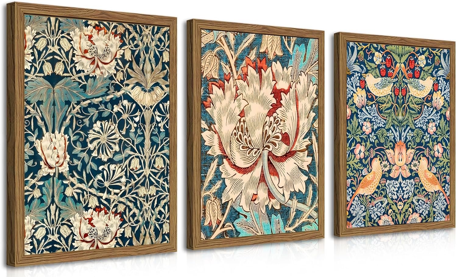 Wood Frame William Morris Wall Art Set of 3, Vintage Botanical Floral Canvas Wall Decor Painting, Farmhouse Artwork Aesthetic Posters Prints for Living Room Bedroom Bathroom 12x16In Framed