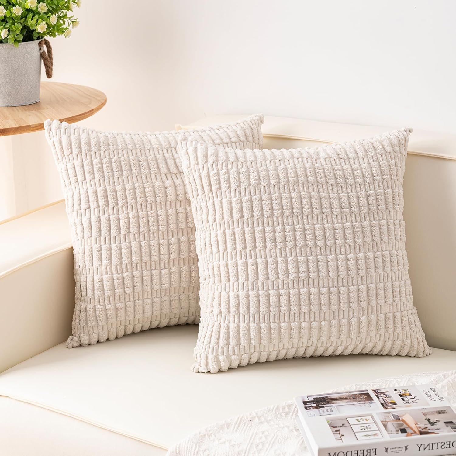 Aegero Pack of 2 Corduroy Decorative Throw Pillow Covers 18×18 Inch Soft Striped Pillow Covers Modern Farmhouse Home Decor for Sofa Living Room Couch Bed(Cream White)