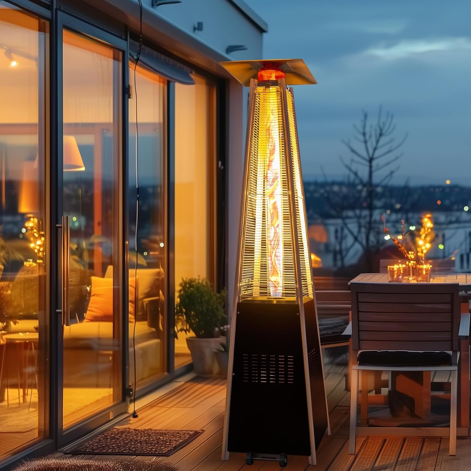 48,000 BTU Flame Pyramid Pool Heater With Cover, Triple Safety Protection Portable Patio Heater with Patio Cover, Warm Glass Tube with Durable Wheels-Black