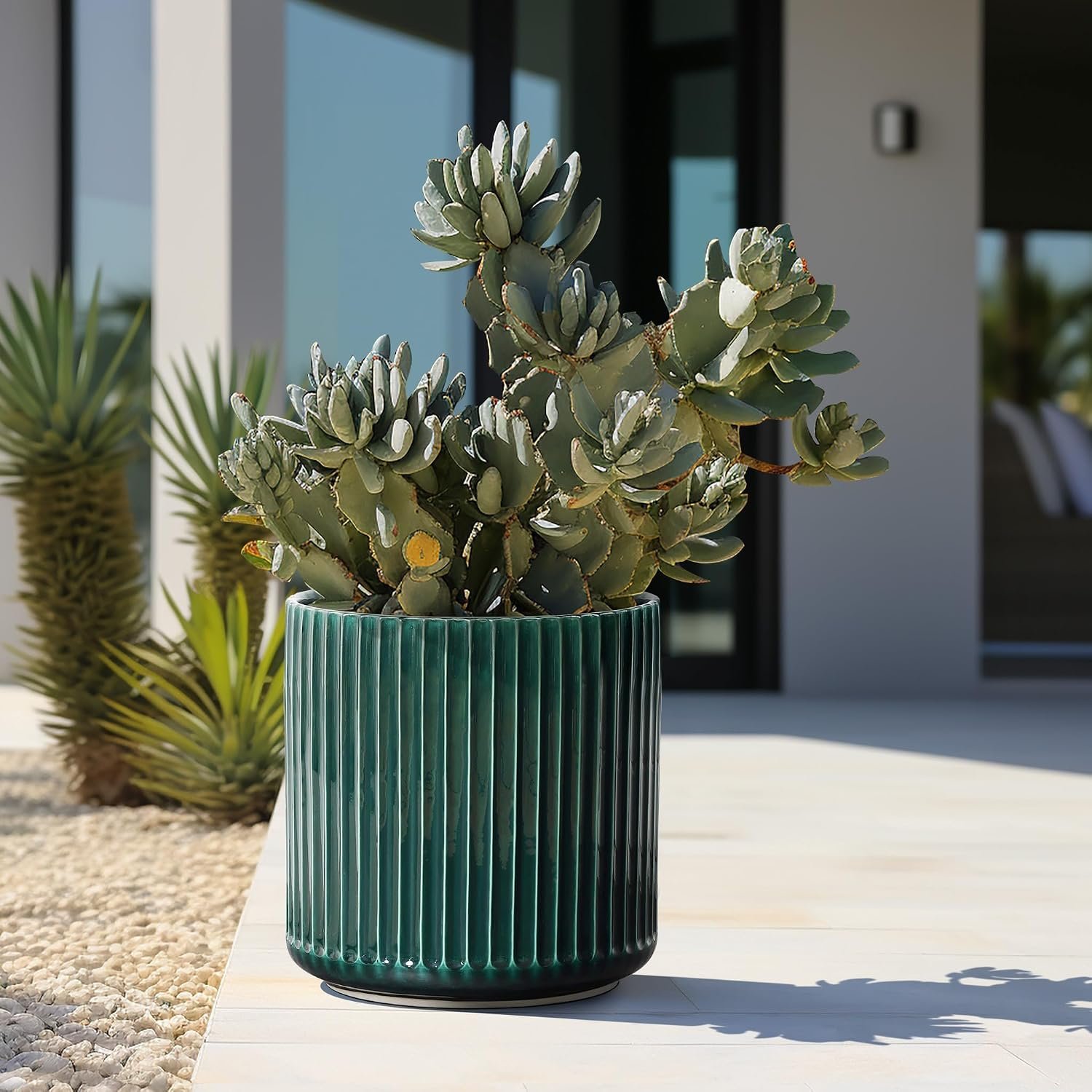 LuxenHome 11″ Dia Jade Green Glazed Ceramic Planters, Large Outdoor Indoor Plant Pots with Drainage Hole and Rubber Plug, Modern Round Ribbed Flower Pots Planters for Home Garden Patio Office