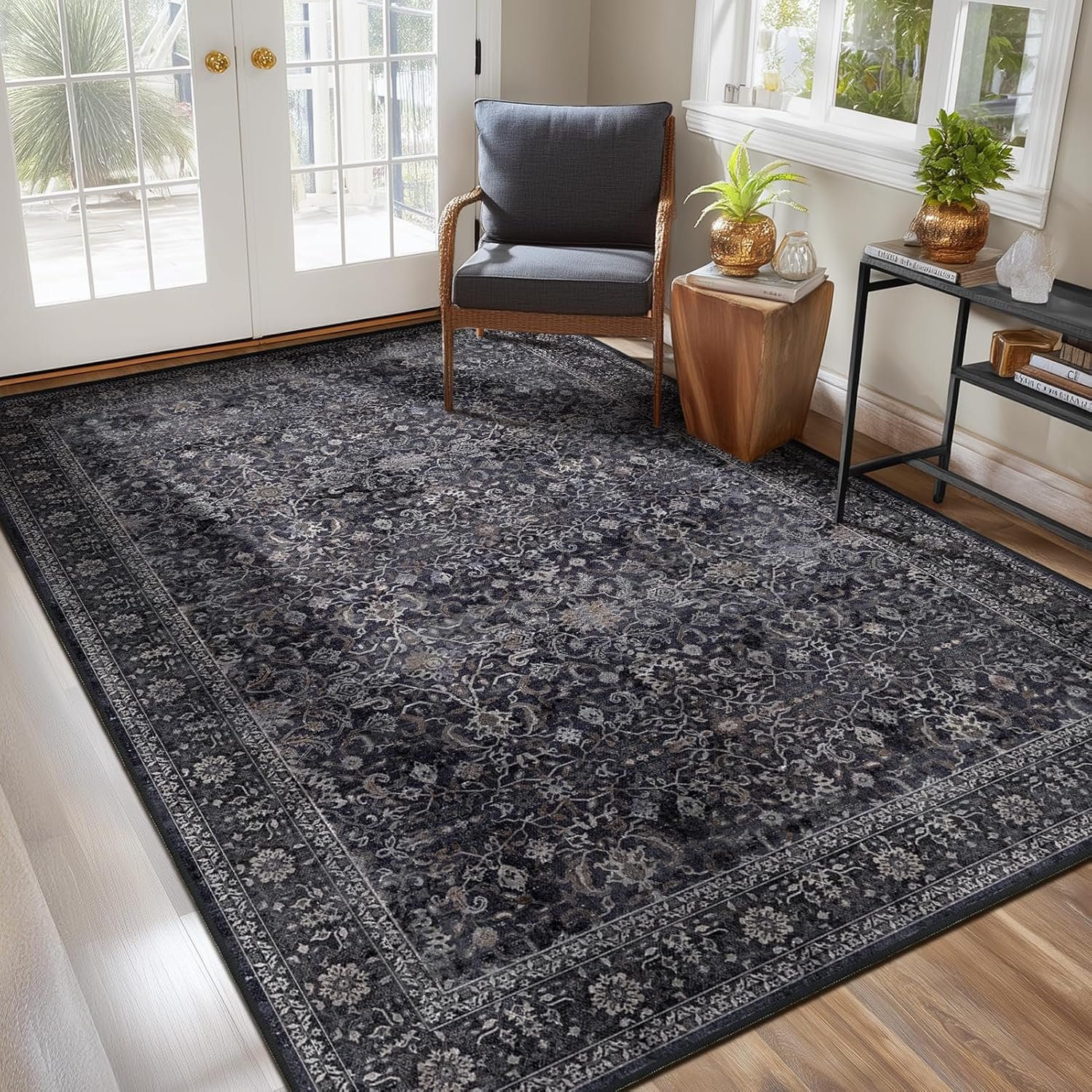 Dark 5×7 Area Rugs for Living Room Bedroom, Washable Non Slip Low Pile Thin Soft Carpet Rugs for Dining Room/Kitchen/Home Office/Nursery, Vintage Farmhouse Earth Tone Midnight with Gray Accents