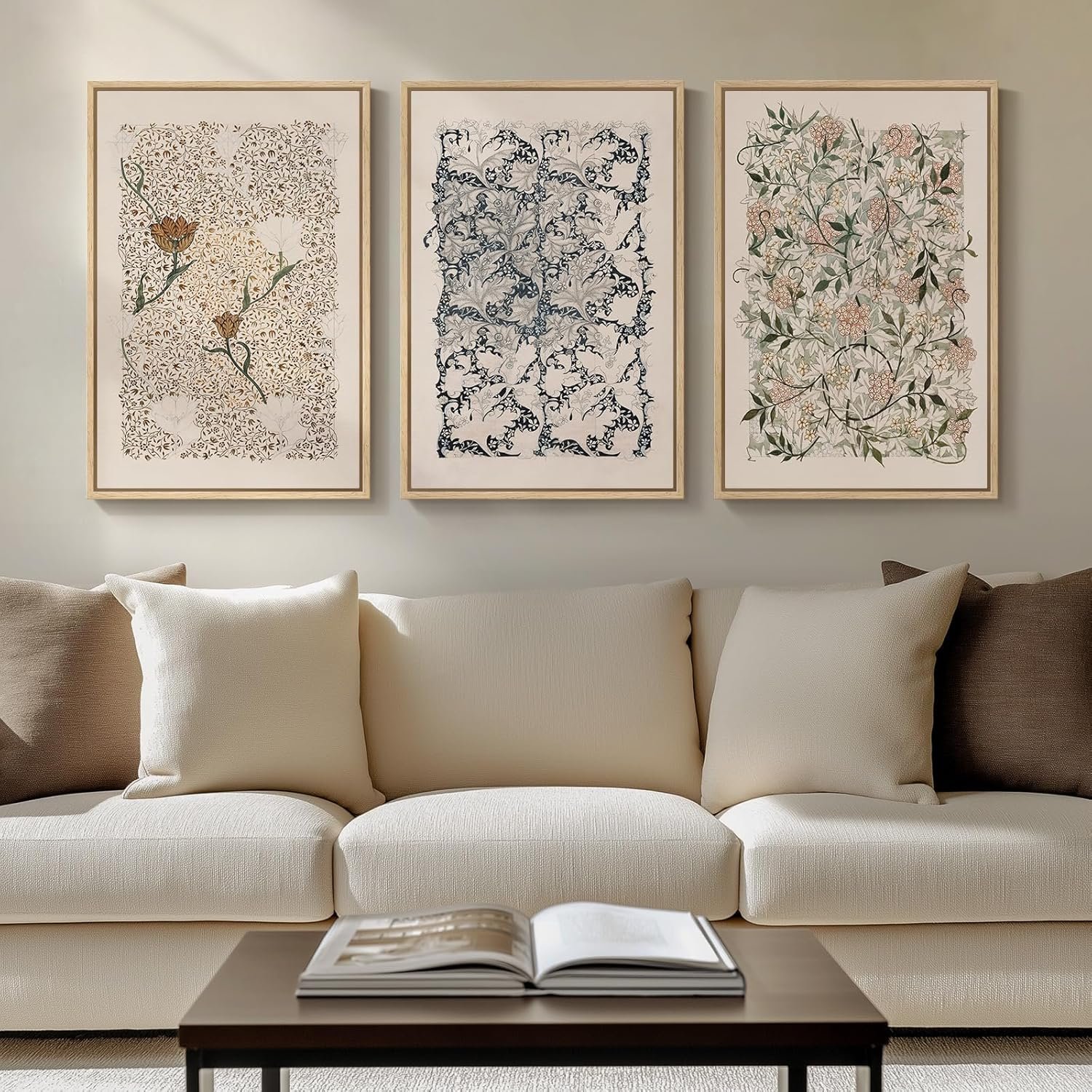 Framed William Morris Canvas Wall Art for Living Room, Set of 3 Large Neutral Floral Botanical Prints, Vintage Rustic Boho Pictures for Bedroom Hallway Office, 16×24 Inch