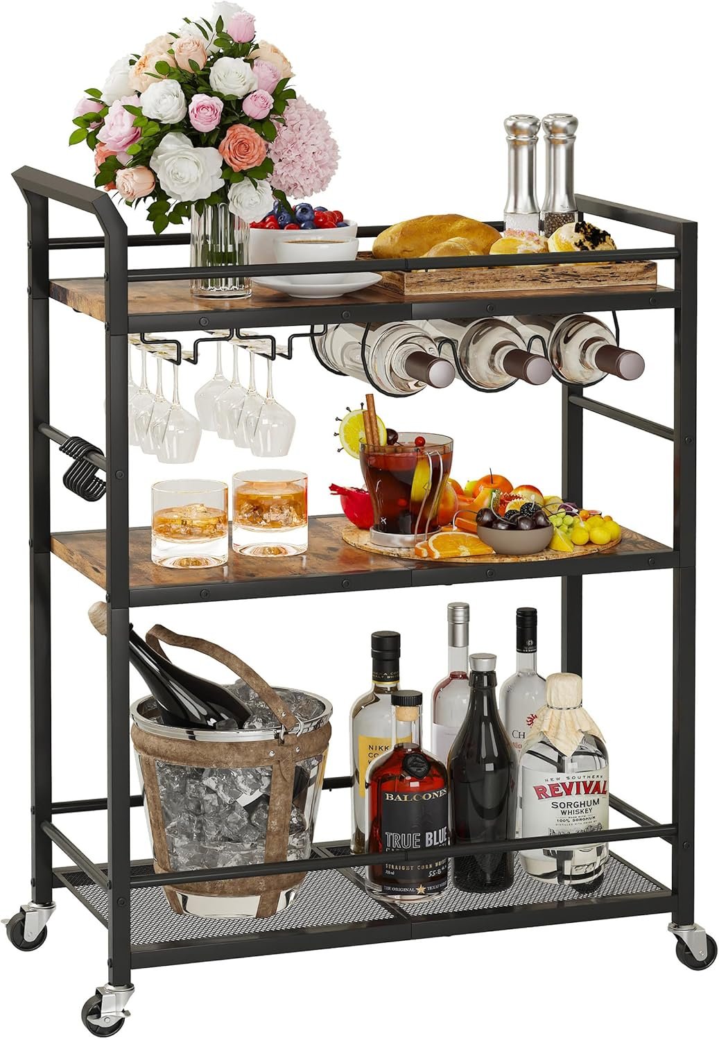 3 Tier Bar Cart, Small Beverage Cart, Mini Bar Cart with Wine Rack, Home Bar Serving Cart with Wheels for Kitchen Dining Living Room (Rustic Brown, General)