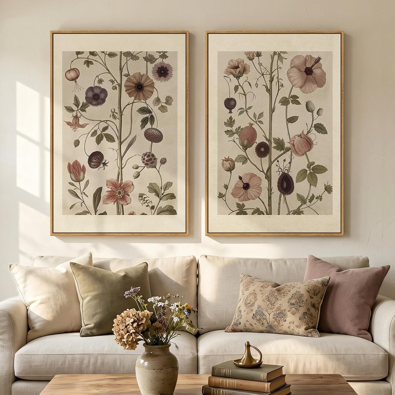 Large Framed Vintage Botanical Wall Art Set of 2, Neutral Antique Floral Canvas Painting Prints Artwork for Walls, Retro Rustic Farmhouse Flowers Pictures for Living Room Bedroom Wall Decor, 24×36 In