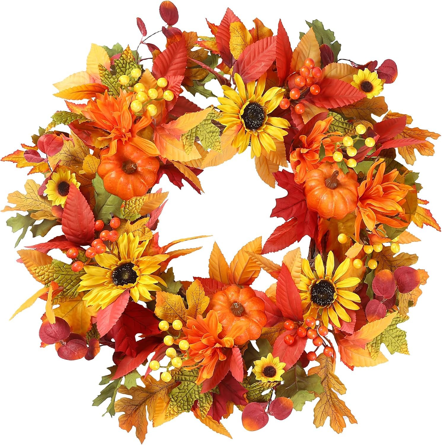 Sggvecsy Fall Wreath 20’’ Autumn Front Door Wreath Harvest Wreath with Sunflower Pumpkins Berries Maple Leaves Daisies for Outside Indoor Home Wall Festival Thanksgiving Autumn Farmhouse Decor