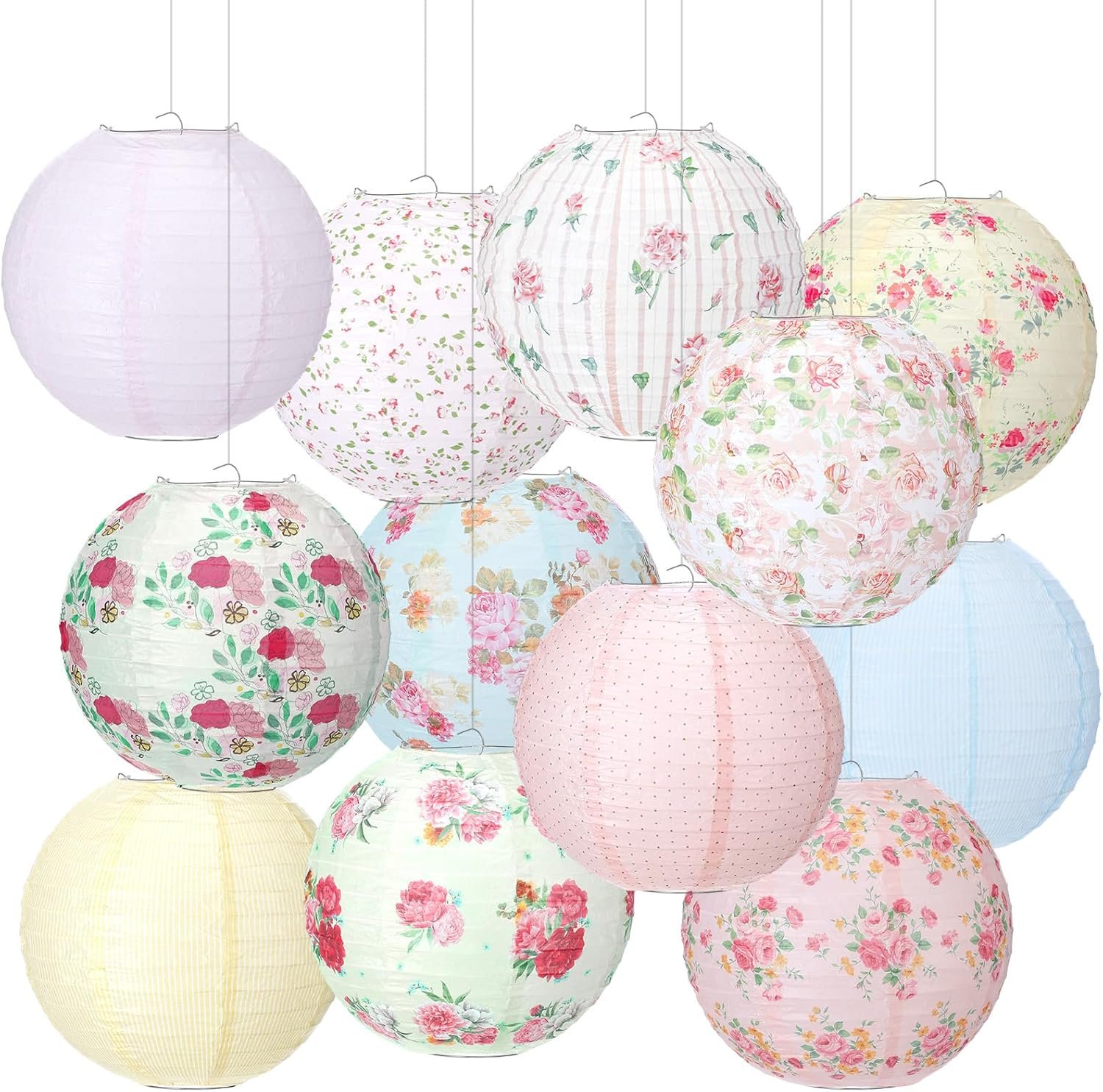 Baquler 12 Pcs Floral Paper Lanterns Tea Party Decorations 10 Inch Wildflower Floral Ceiling Hanging Paper Lanterns for Wedding Bridal Birthday Party Outdoor Festival Hanging Decoration