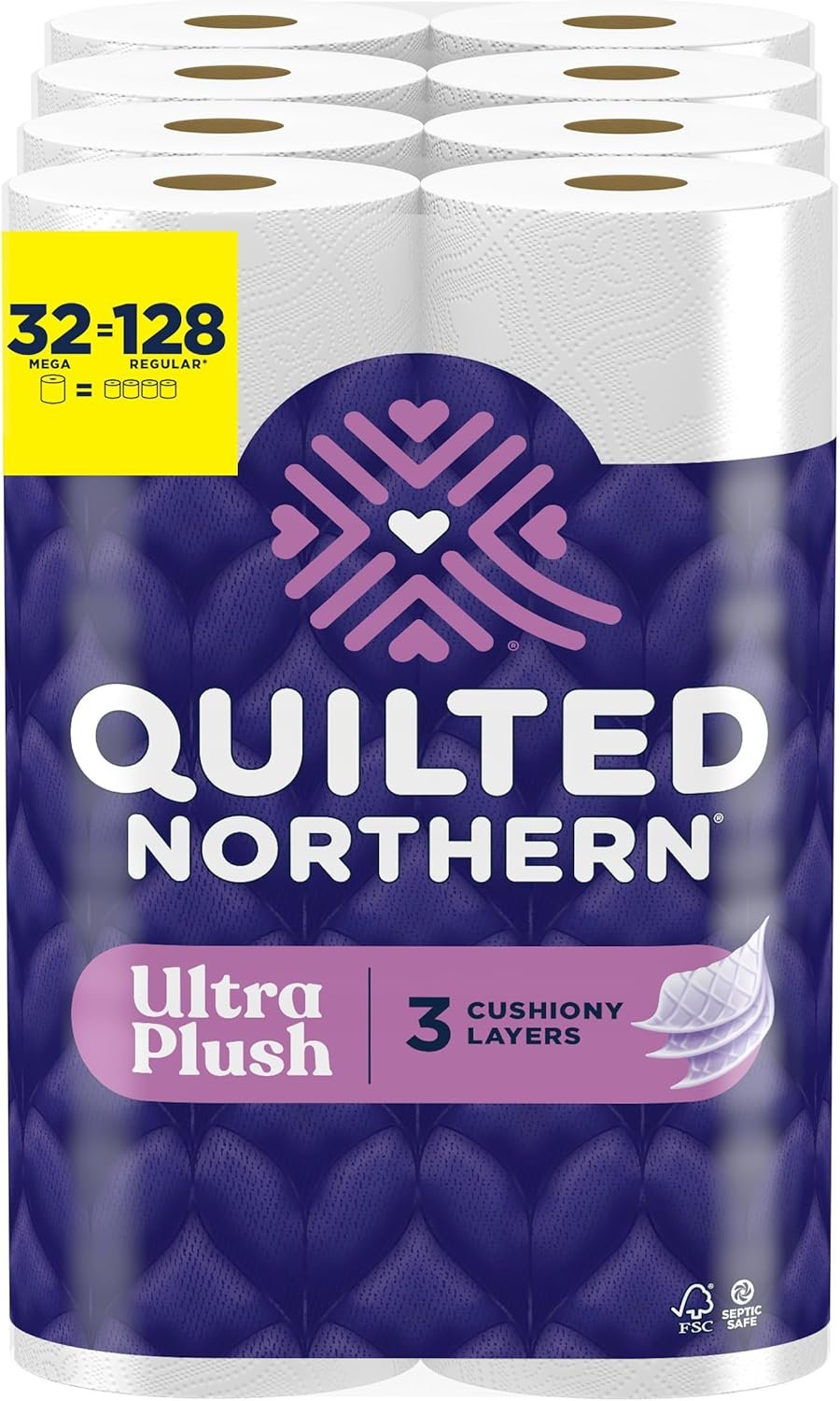 Quilted Northern Ultra Plush Toilet Paper, 32 Mega Rolls = 128 Regular Rolls, 4X More Absorbent*, 3-Ply Soft Toilet Tissue