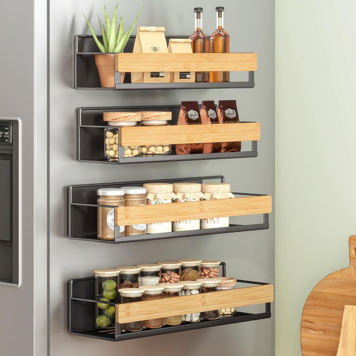 SONGMICS Strong Magnetic 4 Pack Bamboo Spice Rack for Refrigerator, Kitchen Magnetic Shelves for Washing Machine, Spice Organizers, No Drilling Needed, Ink Black UKCS062BH01