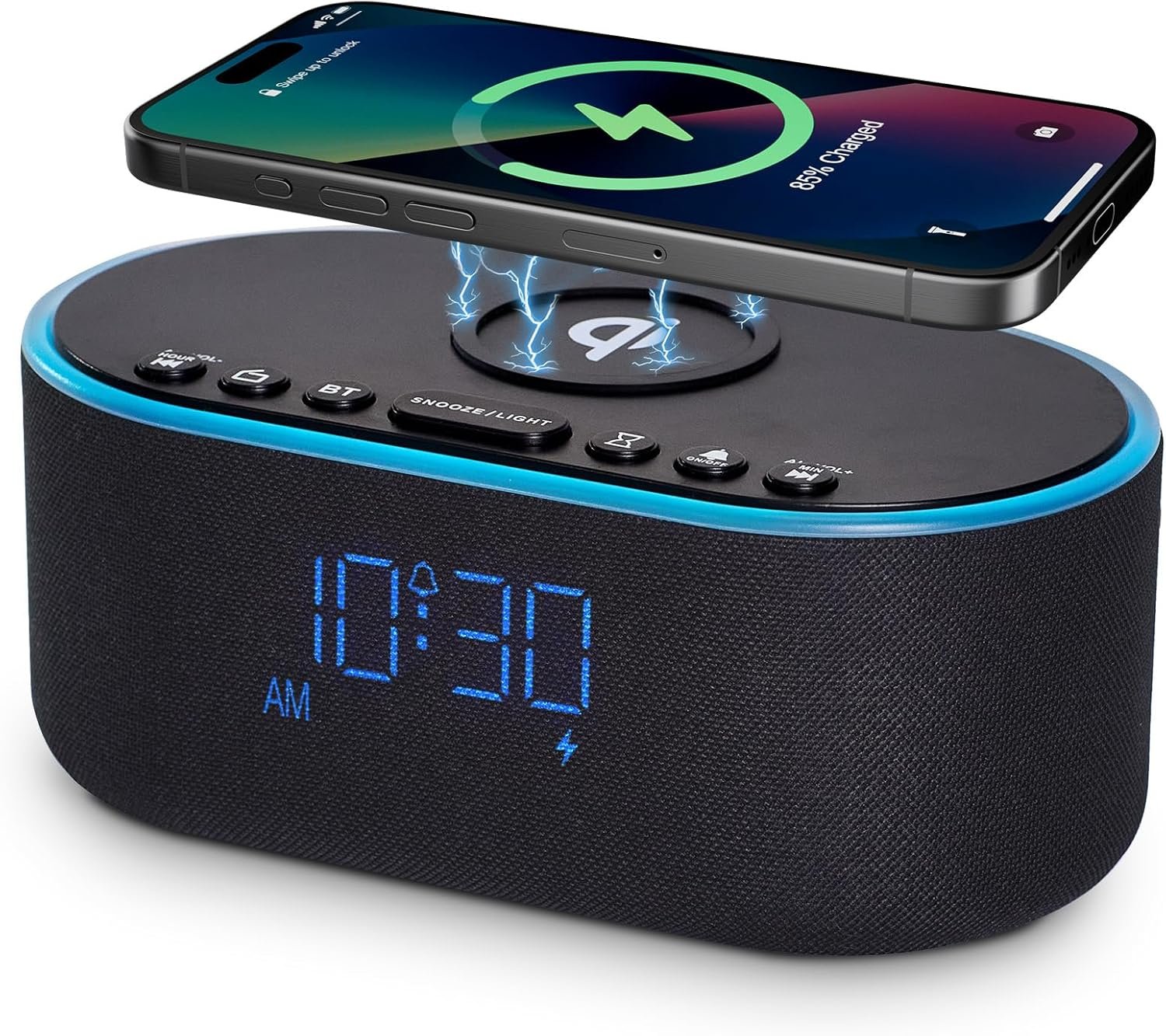 Odokee Wireless Charging Alarm Clock Radio: Qi Certified Fast Wireless Charger for iPhone Samsung – 10W Stereo Bluetooth Speaker – Dimmable Digital Clock with FM Radio for Bedroom Black