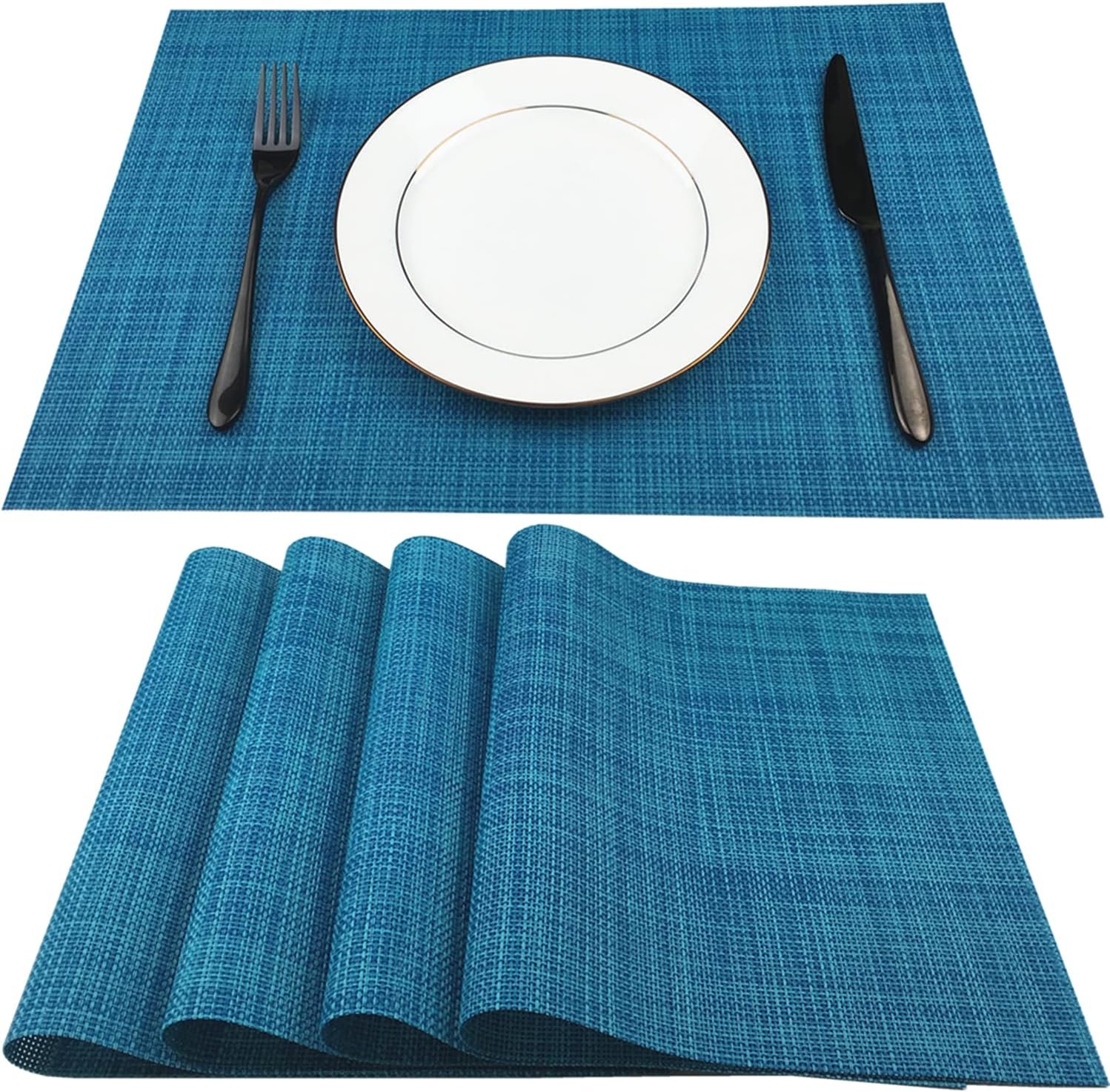 WAZAIGUR Placemats Easy to Clean Crisscross Woven Vinyl Place Mats Durable Non-Slip Heat Resistant Table Mats Placemats for Kitchen Table Set of 4,Blue