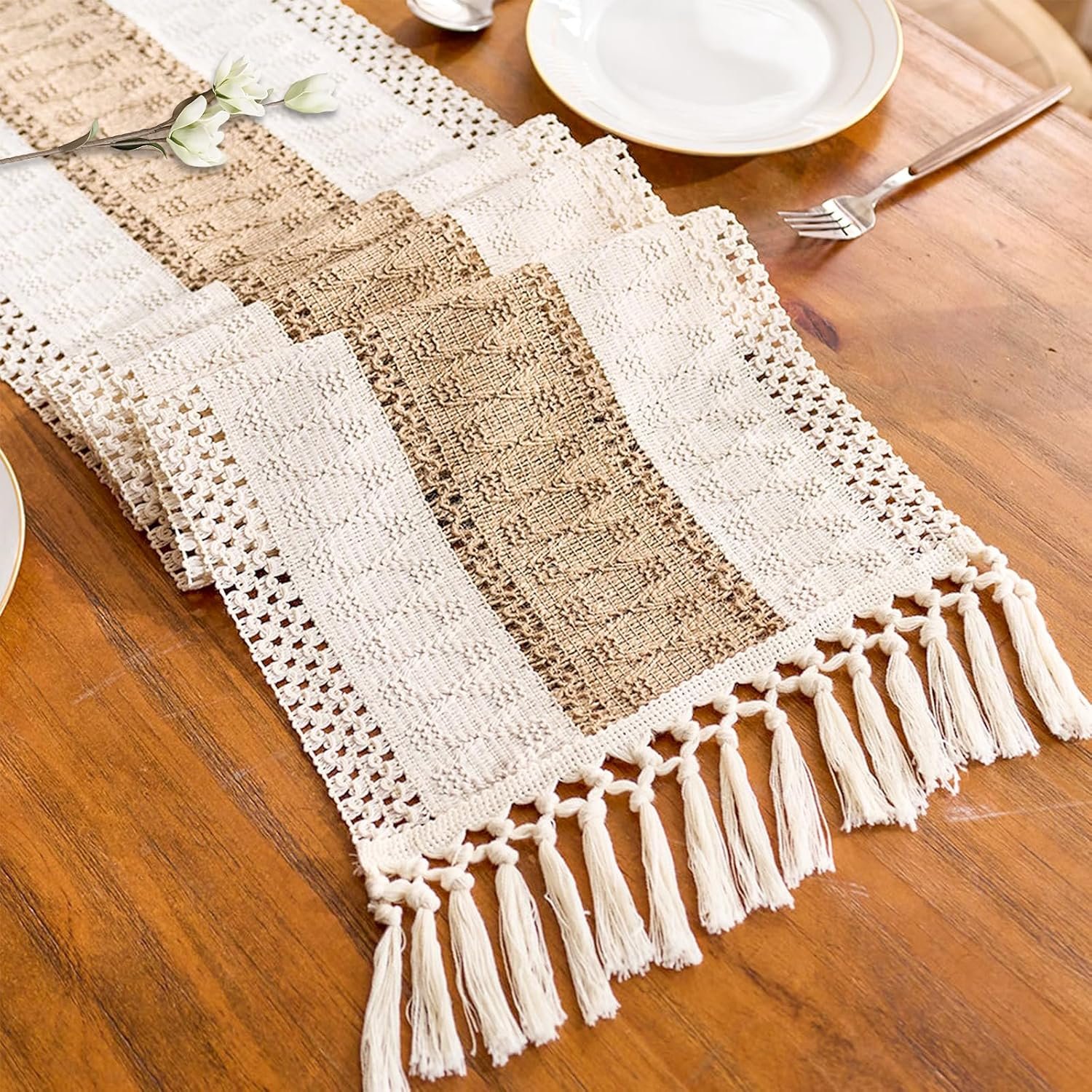 Boho Table Runner for Fall Home Decor with Tassels 72 Inches, Farmhouse Rustic Cream & Brown Table Runners for Bohemian Kitchen Summer Dining Table(12x72in, Fringe Included)