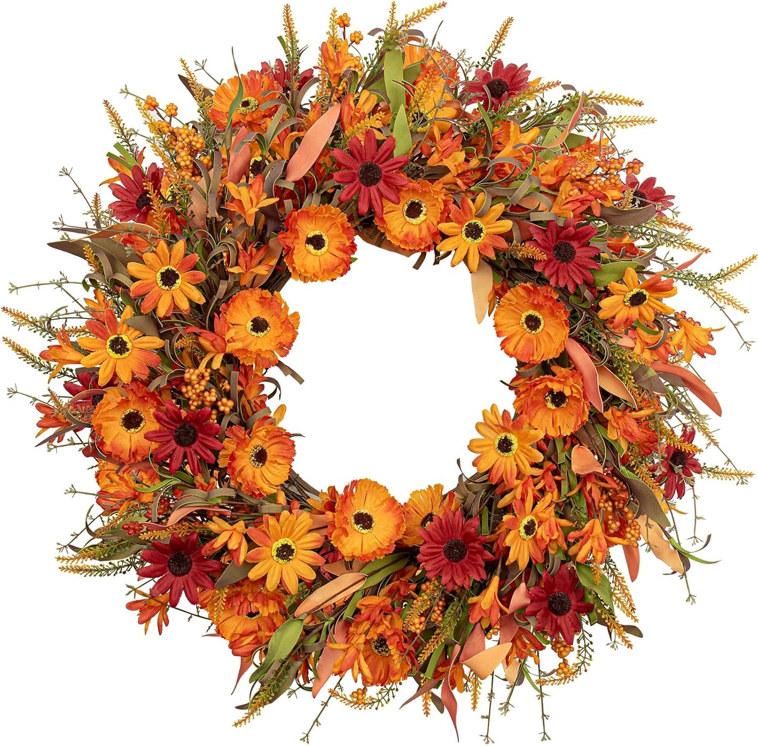 J’FLORU Artificial Fall Wreath 22 Inch Autumn Wreaths for Front Door Orange Daisy Wreath with Wildflowers Berries for Indoor Outdoor Wall Farmhouse Thanksgiving Day Harvest Festival Celebration