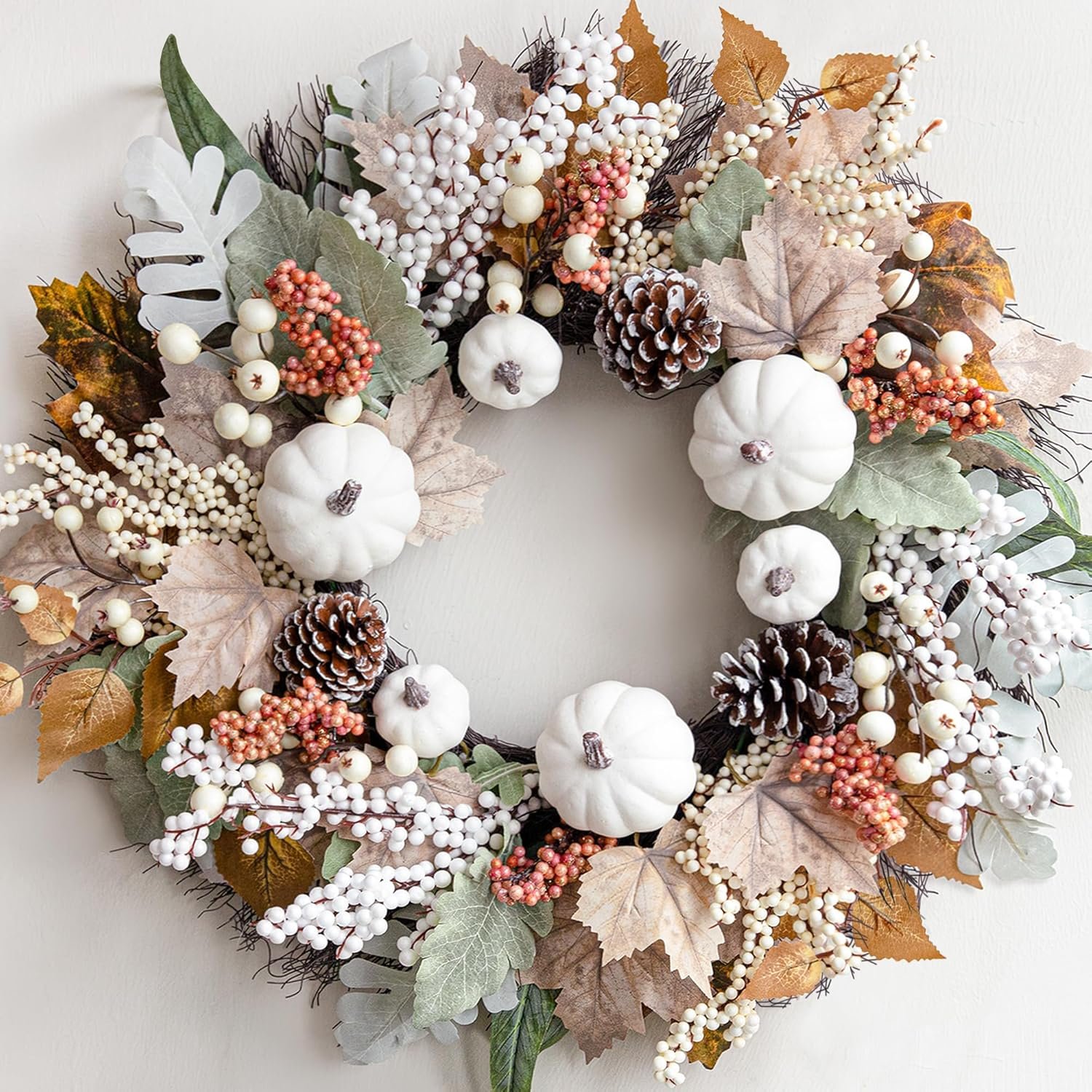 Fall Decor – Fall Decorations for Home – 18 Inch Autumn Maple Leaf Pumpkin Pine Cone Berry Wreath – Fall Wreath for Thanksgiving Halloween Farmhouse Harvest Front Door Outdoor Indoor Window Wall