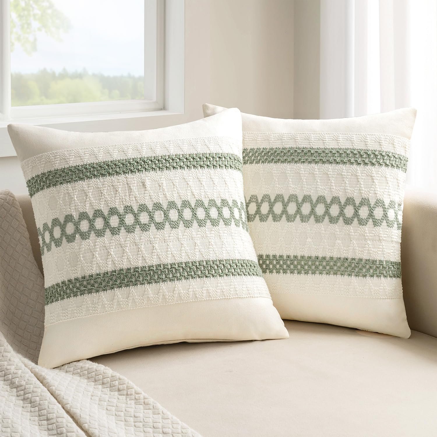 MIULEE Set of 2 Sage Green Boho Decorative Pillow Covers 18×18 Inch | Farmhouse Couch Throw Pillows Modern Summer Cotton Cushion Covers Macrame Woven Spring Decor for Bed Sofa Chair