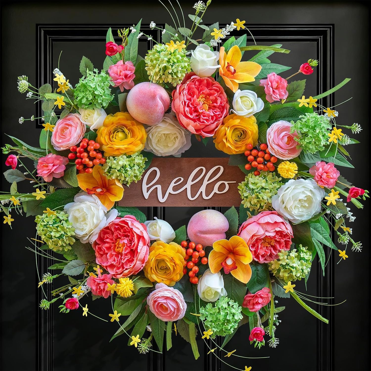 Spring Wreath for Front Door, 24 Inch Artificial Spring and Summer Wreath with Peony, Rose, Orchid, Hydrangea and Gardenia Flowers, Peach, Berries and Hello Wooden Sign, Decor for Indoor Outdoor