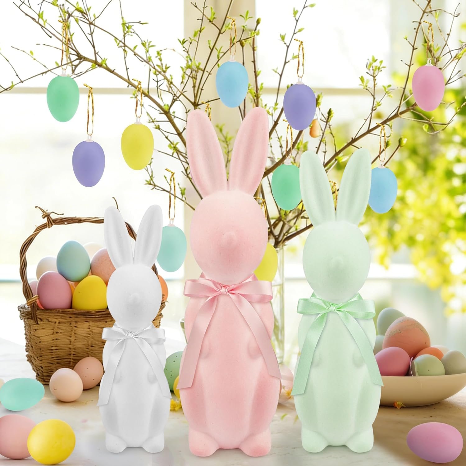 Letsroar Easter Bunny Decor Set – 3 Pack Pastel Flocked Bunny(10″, 13″, 15″),12 Plastic Easter Eggs & Green Grass, Spring Table Centerpiece Decor for Indoor Home Party Decor