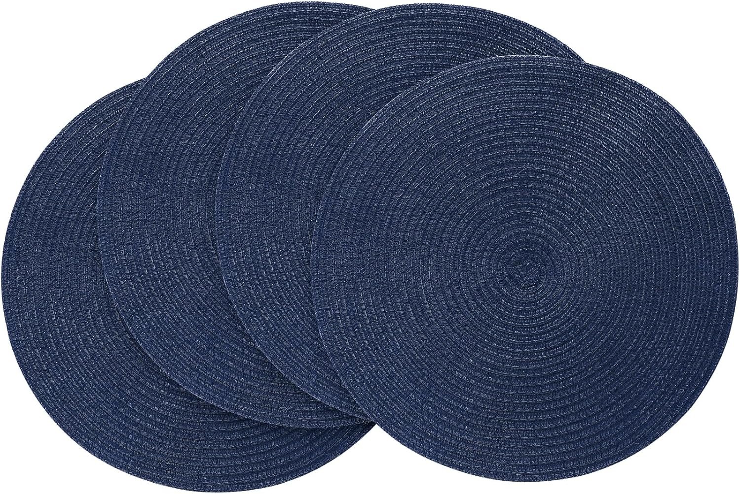 Floroom 15 Inch Round Braided Placemats Set of 4, Washable Heat Resistant Cotton Polyester Circle Place Mats for Kitchen Dining Table – Navy Blue