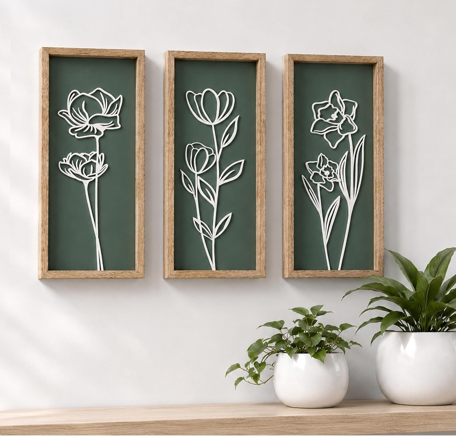 3D Floral Green Wall Art (Set of 3) Lightweight, Wooden Ready-to-Hang Boho Framed Wall Art for Bathroom, Master Bedroom, Living Room or Office – Premium Sage Green Farmhouse Decor – Gift-Boxed