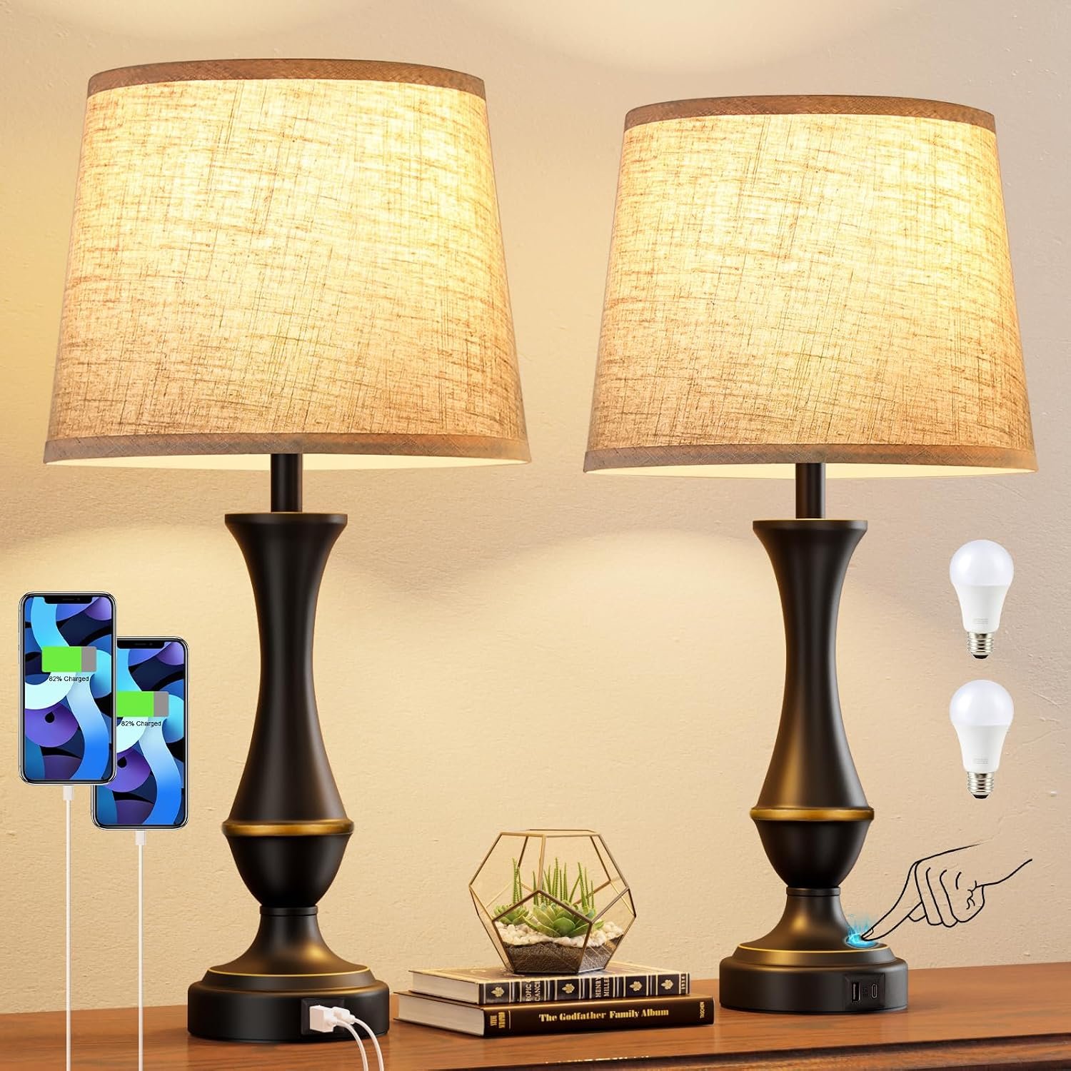 Seealle Touch Lamps for Nightstand, 3 Way Dimmable Table Lamp with USB C+A | Touch Control, Dimmable, USB C+A Charging Ports, LED Bulb Included, Corded, Bedside Lamp, Bedroom Lamp, Living Room Office