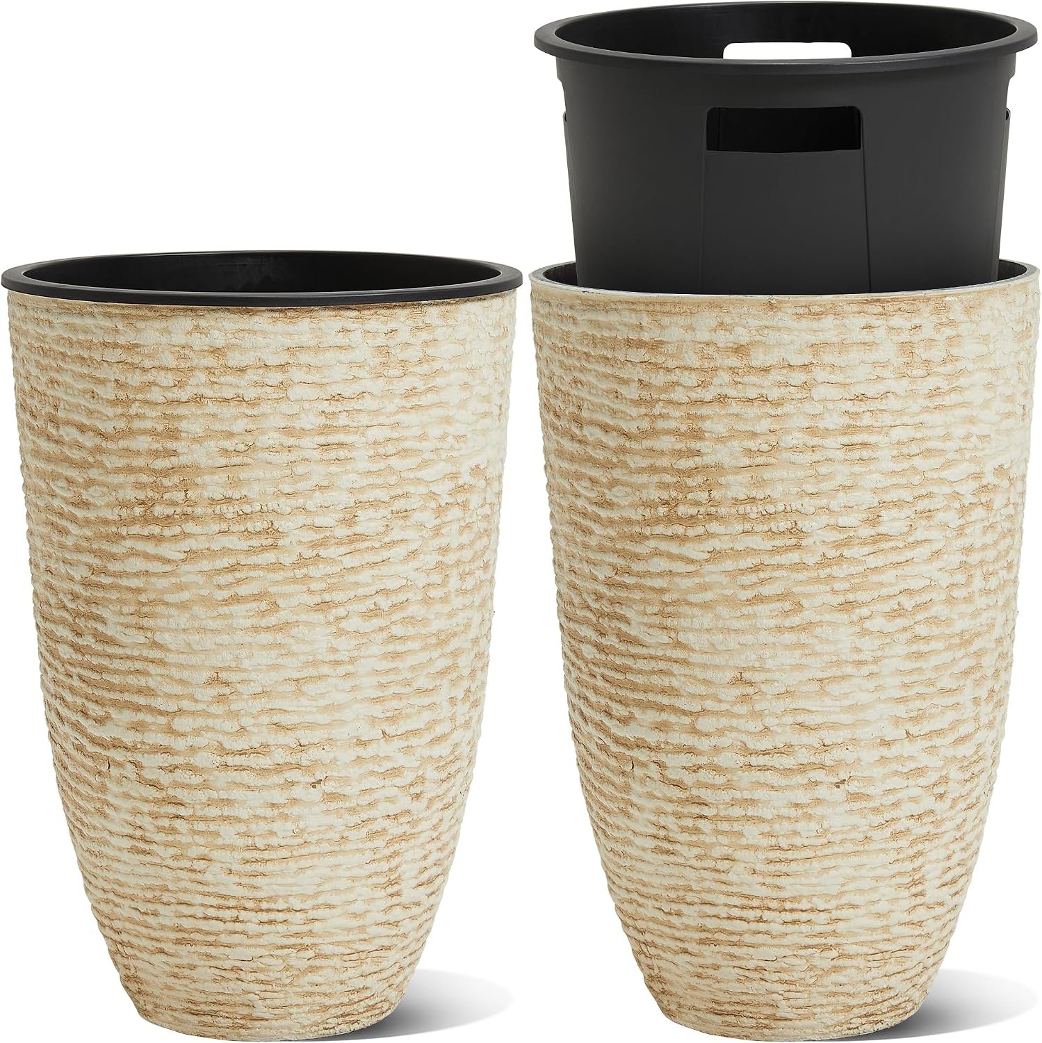 Worth Garden 21″ H Beige Tall Planters set of 2 with Inside Pots – 14” Dia Plastic Large Round Plant Tree Pots with Drain Hole – Decorative Imitation Stone Finish for Indoor Outdoor Front Porch Patio
