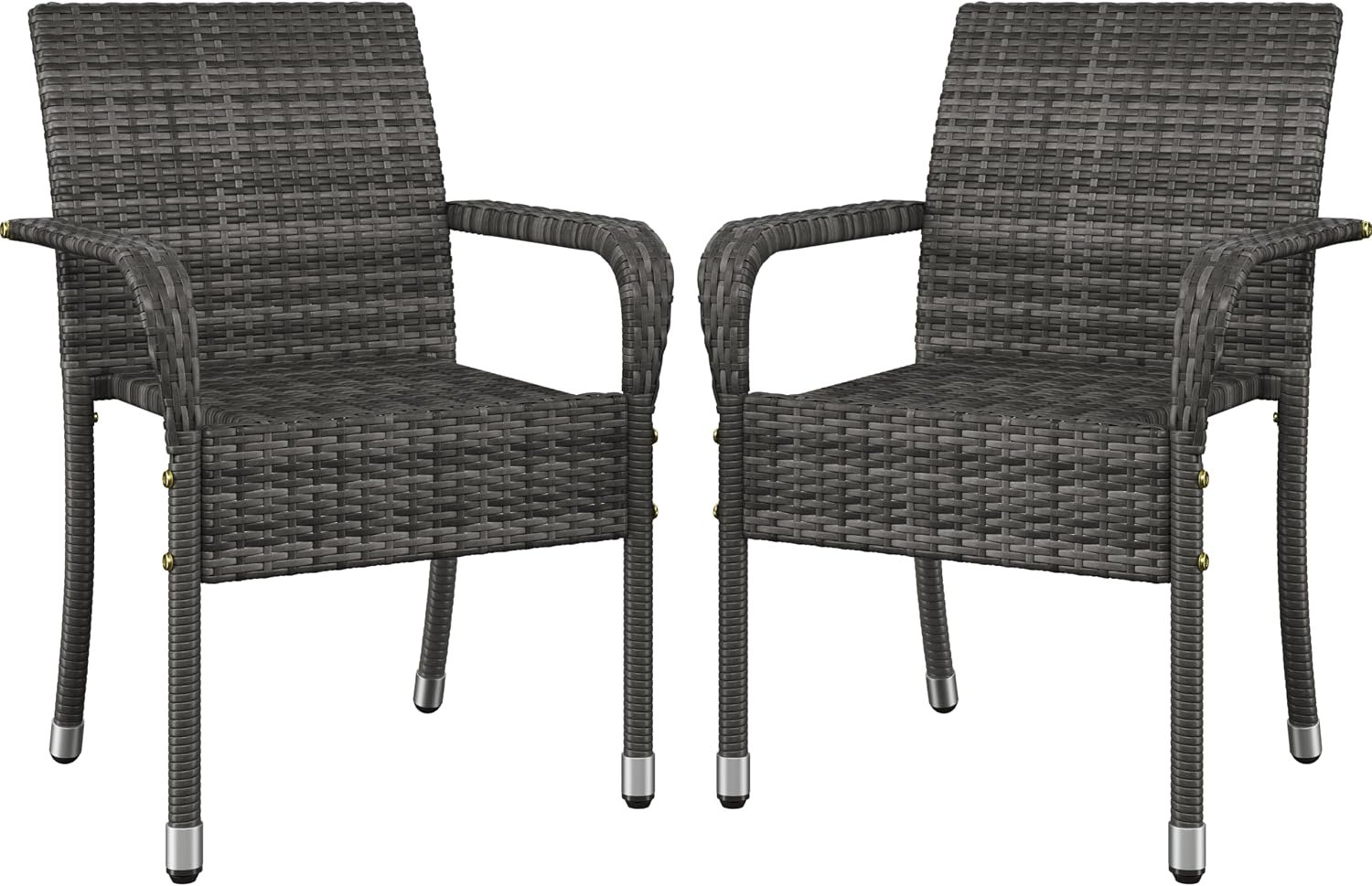 Yaheetech Set of 2 Stackable Outdoor Rattan Dining Chairs, All-Weather Firepits Armchair w/Armrests, Steel Frame for Garden, Patio, Deck, Yard, Poolside, Gray