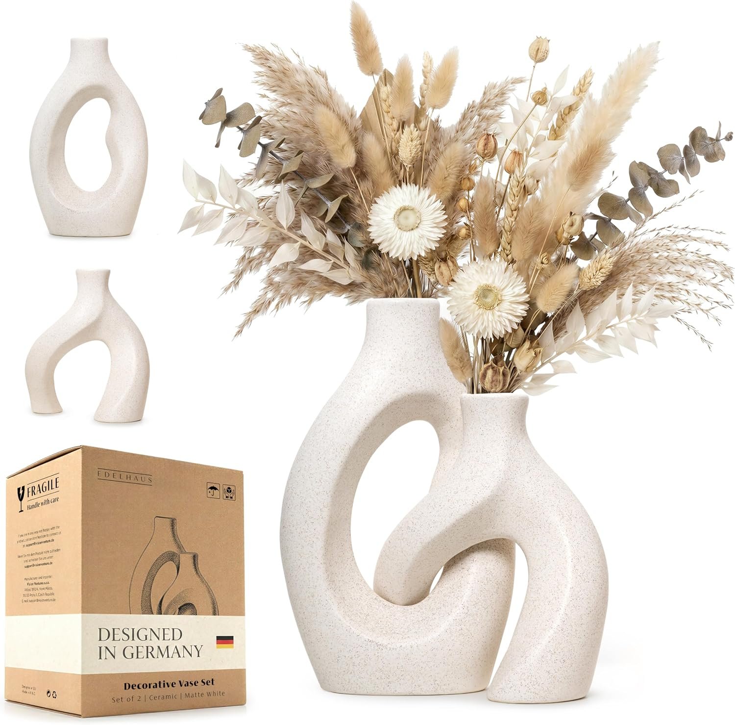 White Ceramic Vase Set of 2, Hollow Oval Flower Vases for Decor, Handmade Nordic Minimalist Ceramic Vase for Pampas Grass, Living Room, Farmhouse & Boho Home Decor, Housewarming Gifts