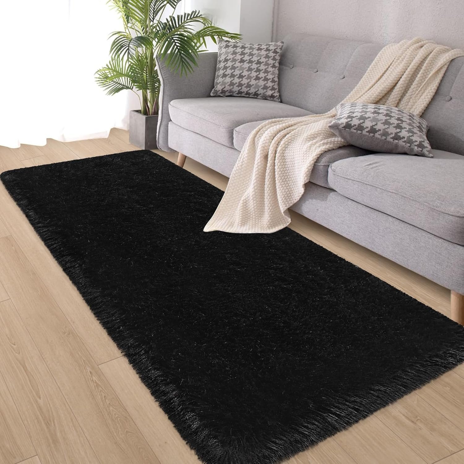 Black Runner Rugs,Runner Rug for Bedroom Living Room,Fluffy Soft Plush Shaggy Rugs,Non Slip Washable Fuzzy Carpet,2×6 Furry Small Black Rugs for Nursery Dorm Hallway Bathroom Kids Home Decor