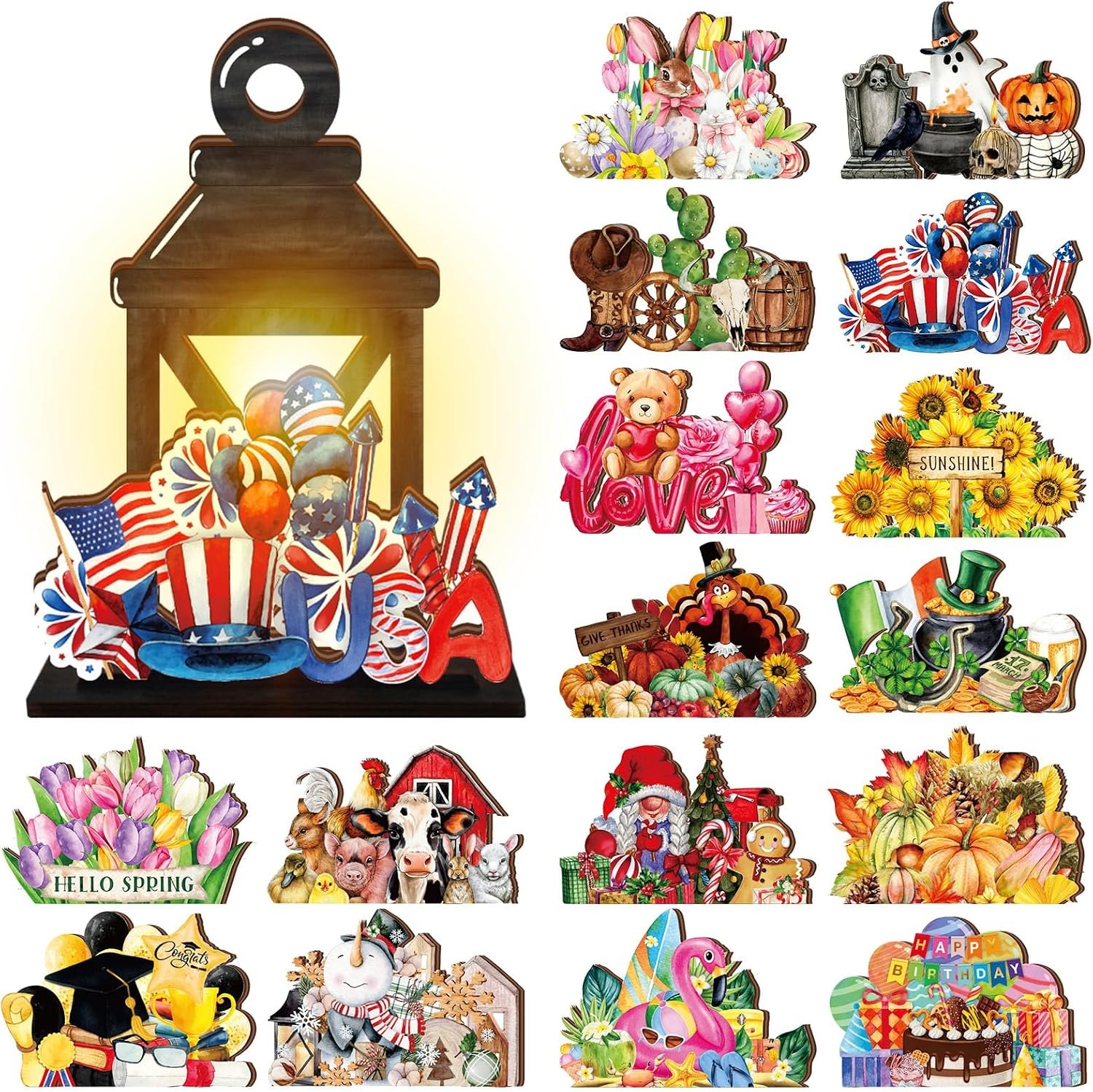 Yousoontic 4th of July Lighted Table Decor Interchangeable Seasonal Table Lantern Decor with 16 Holiday Spring Summer Wooden Signs 4 LED for Home Office Desk Welcome Ornaments Gift