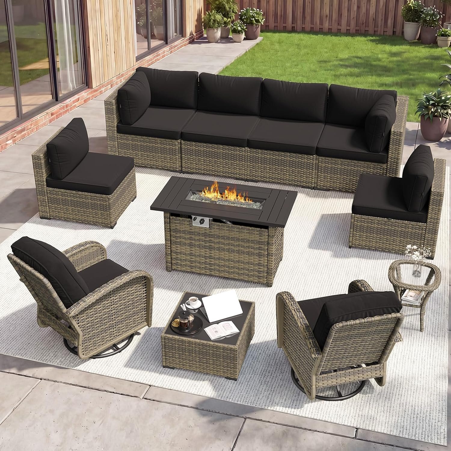 Aoxun 11 Piece Outdoor Patio Furniture Set with 44” Fire Pit Table, Wicker Rattan Outdoor Furniture with High Back Swivel Rocker Chairs, Outdoor Sofa Set with Thick Cushion & Side Table, Black